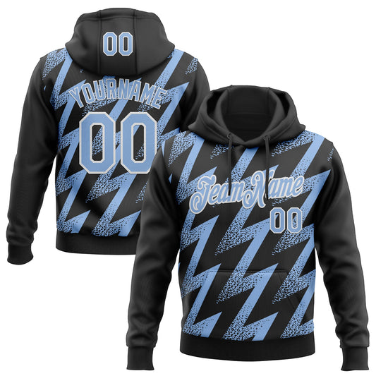 Custom Stitched Black Light Blue-White Zigzag Shape Sports Pullover Sweatshirt Hoodie - Main View
