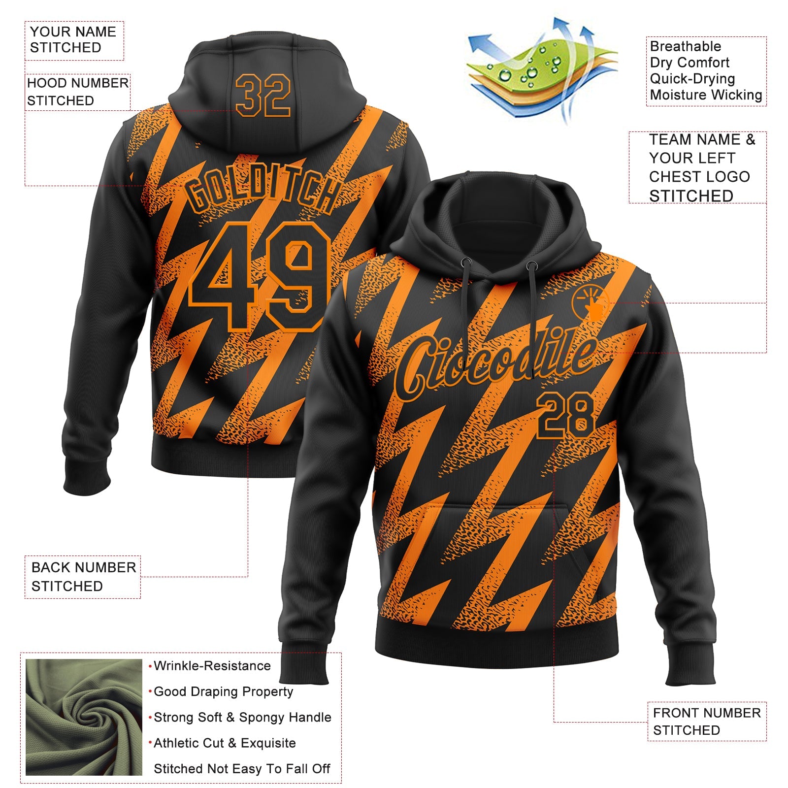 Custom Stitched Black Bay Orange Zigzag Shape Sports Pullover Sweatshirt Hoodie view 4