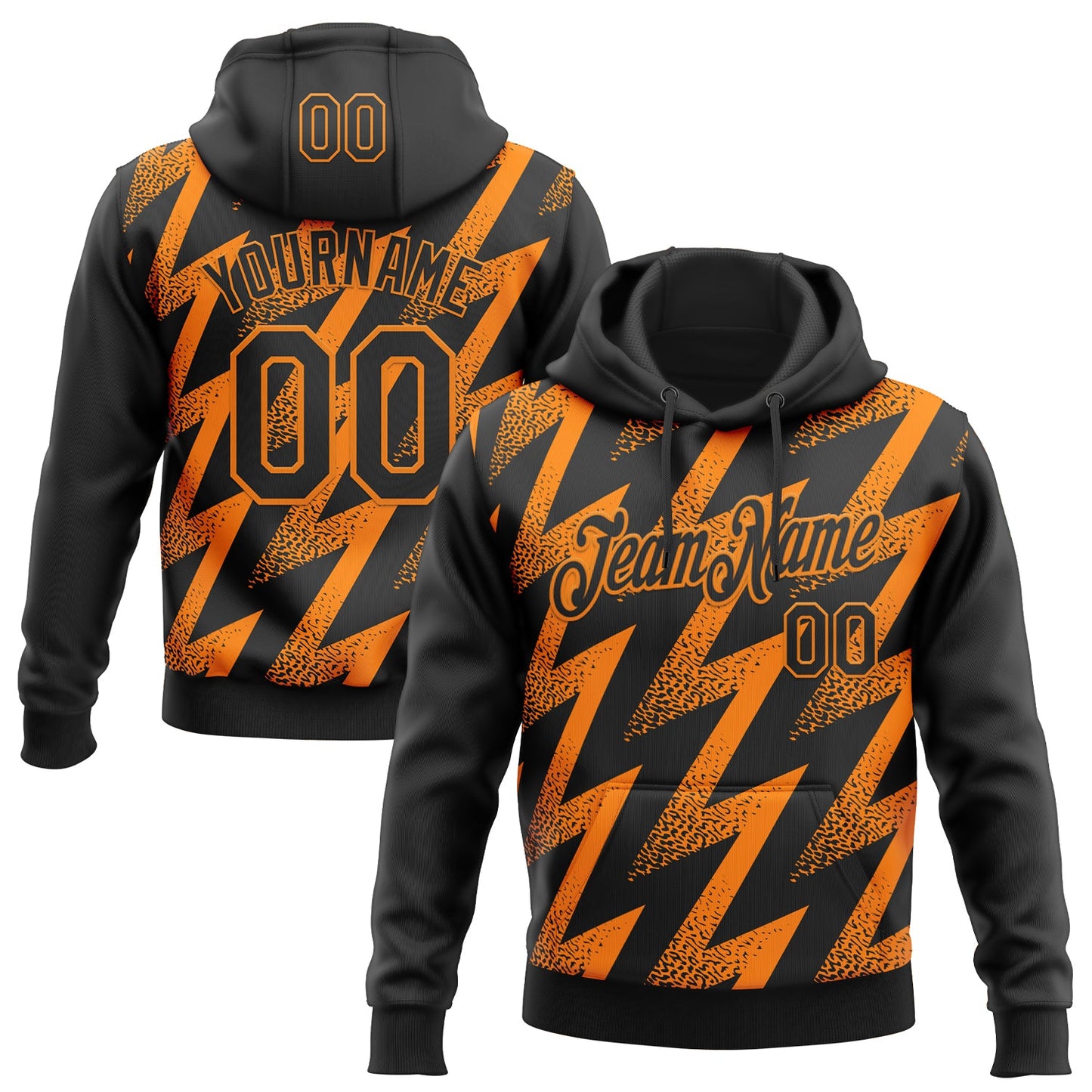 Custom Stitched Black Bay Orange Zigzag Shape Sports Pullover Sweatshirt Hoodie - Main View