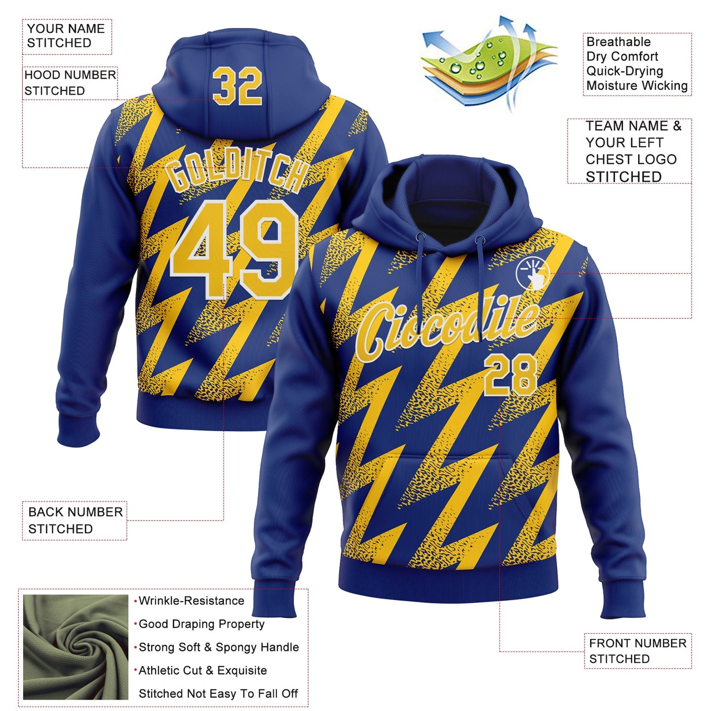 Custom Stitched Royal Yellow-White Zigzag Shape Sports Pullover Sweatshirt Hoodie view 4