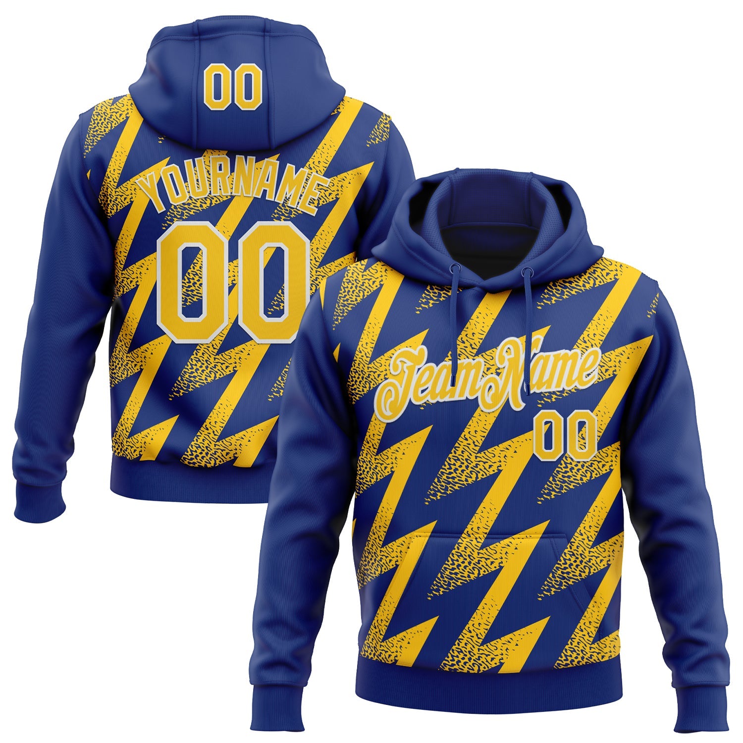 Custom Stitched Royal Yellow-White Zigzag Shape Sports Pullover Sweatshirt Hoodie - Main View