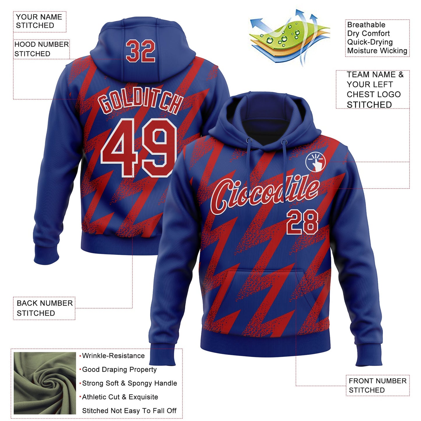 Custom Stitched Royal Red-White Zigzag Shape Sports Pullover Sweatshirt Hoodie view 4