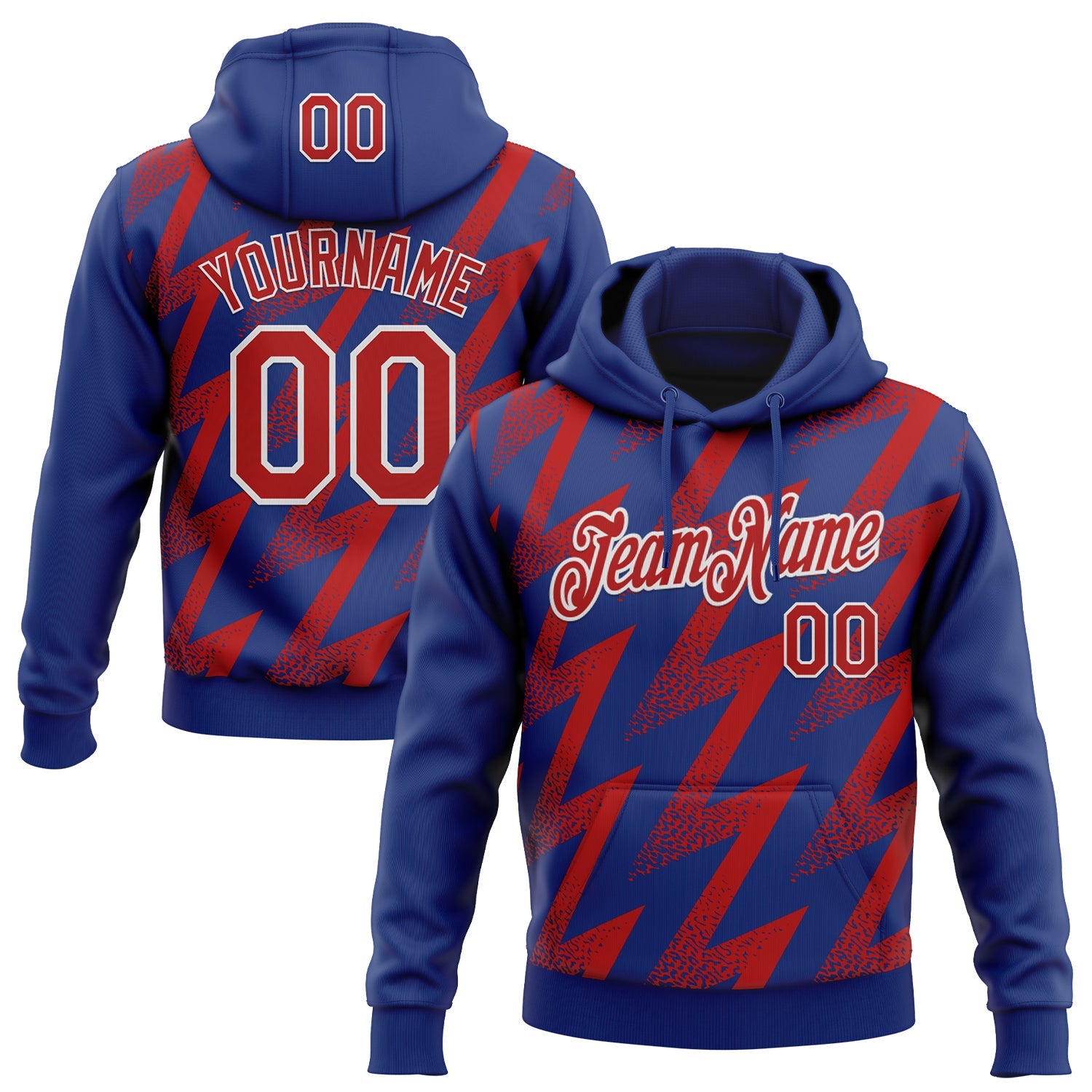Custom Stitched Royal Red-White Zigzag Shape Sports Pullover Sweatshirt Hoodie - Main View