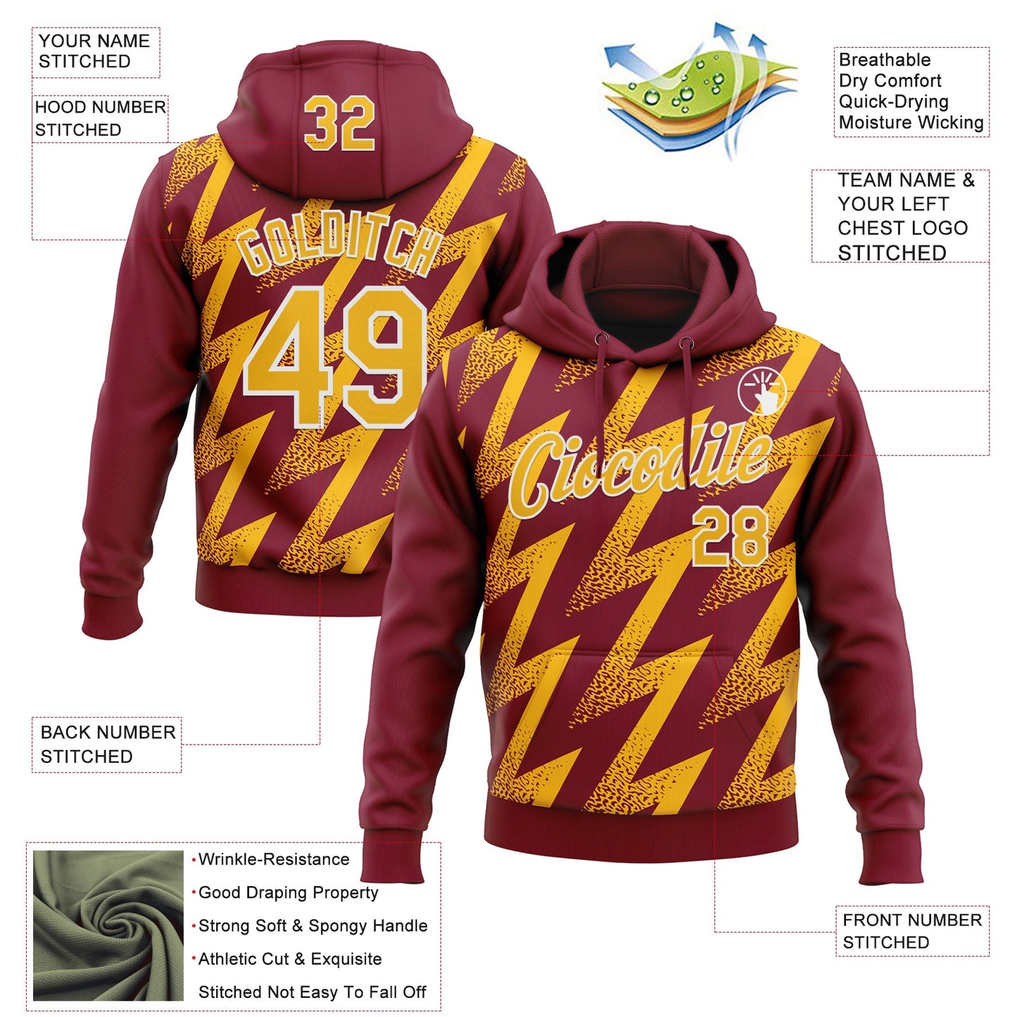 Custom Stitched Crimson Gold-White Zigzag Shape Sports Pullover Sweatshirt Hoodie view 4