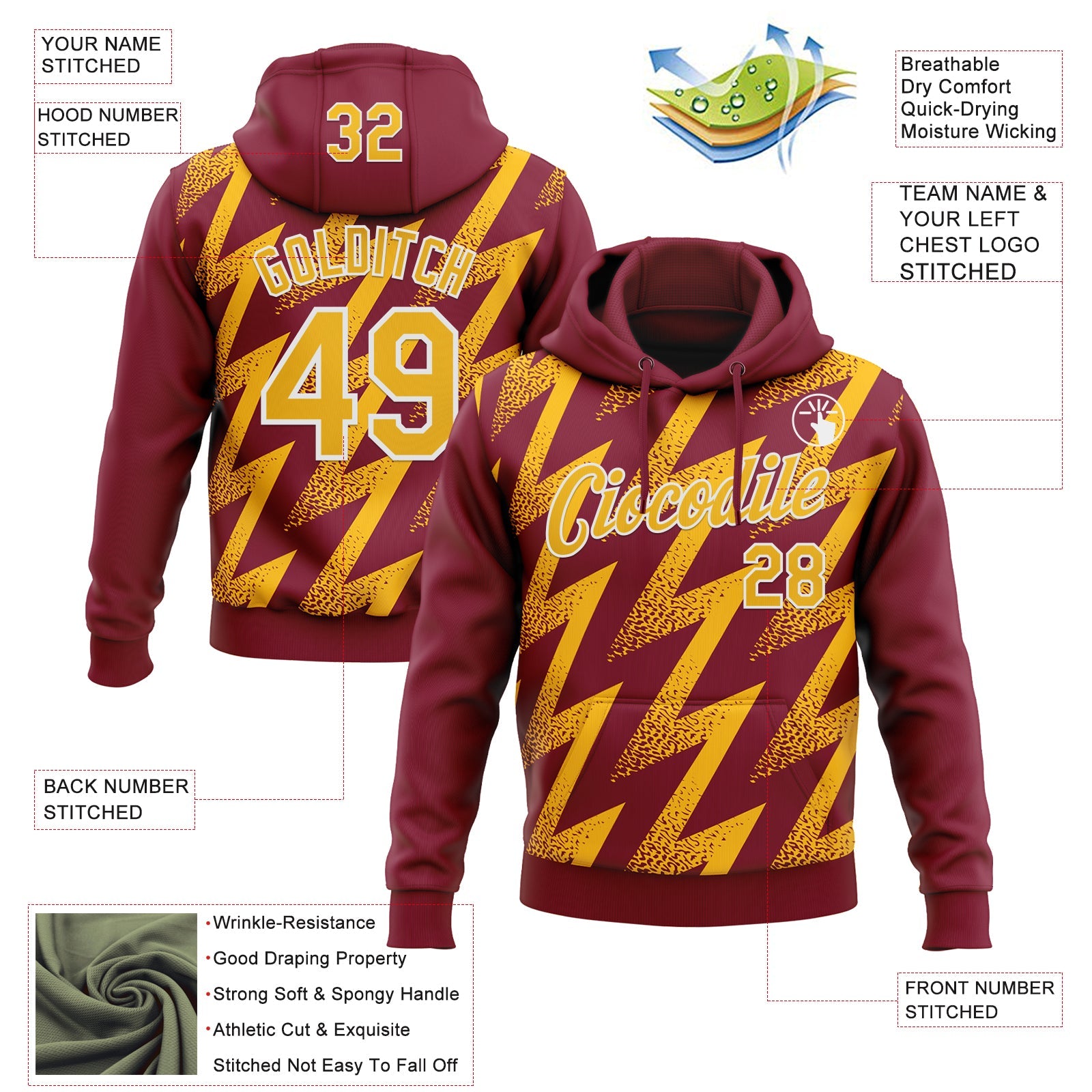 Custom Stitched Crimson Gold-White Zigzag Shape Sports Pullover Sweatshirt Hoodie view 4