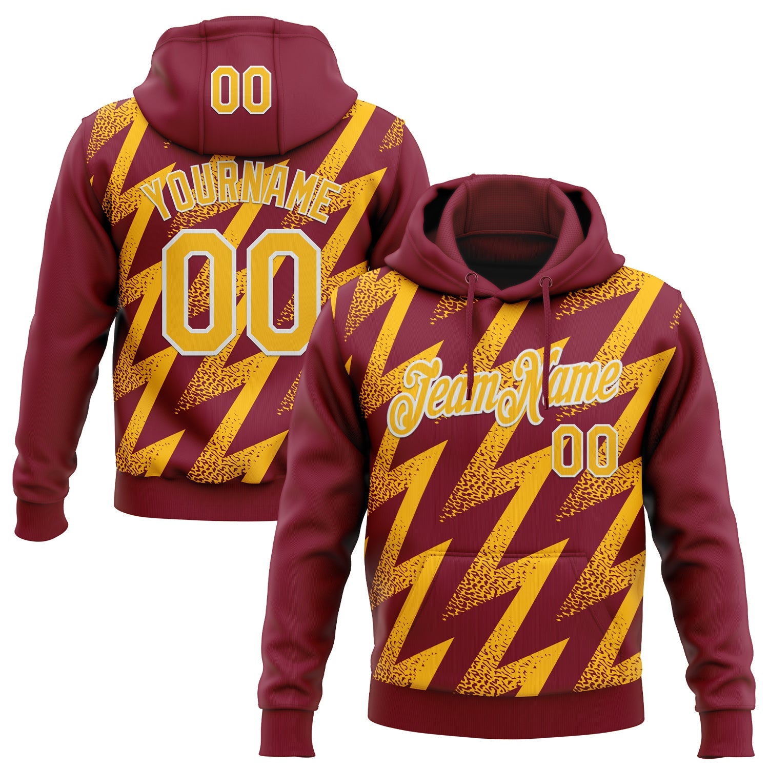 Custom Stitched Crimson Gold-White Zigzag Shape Sports Pullover Sweatshirt Hoodie - Main View