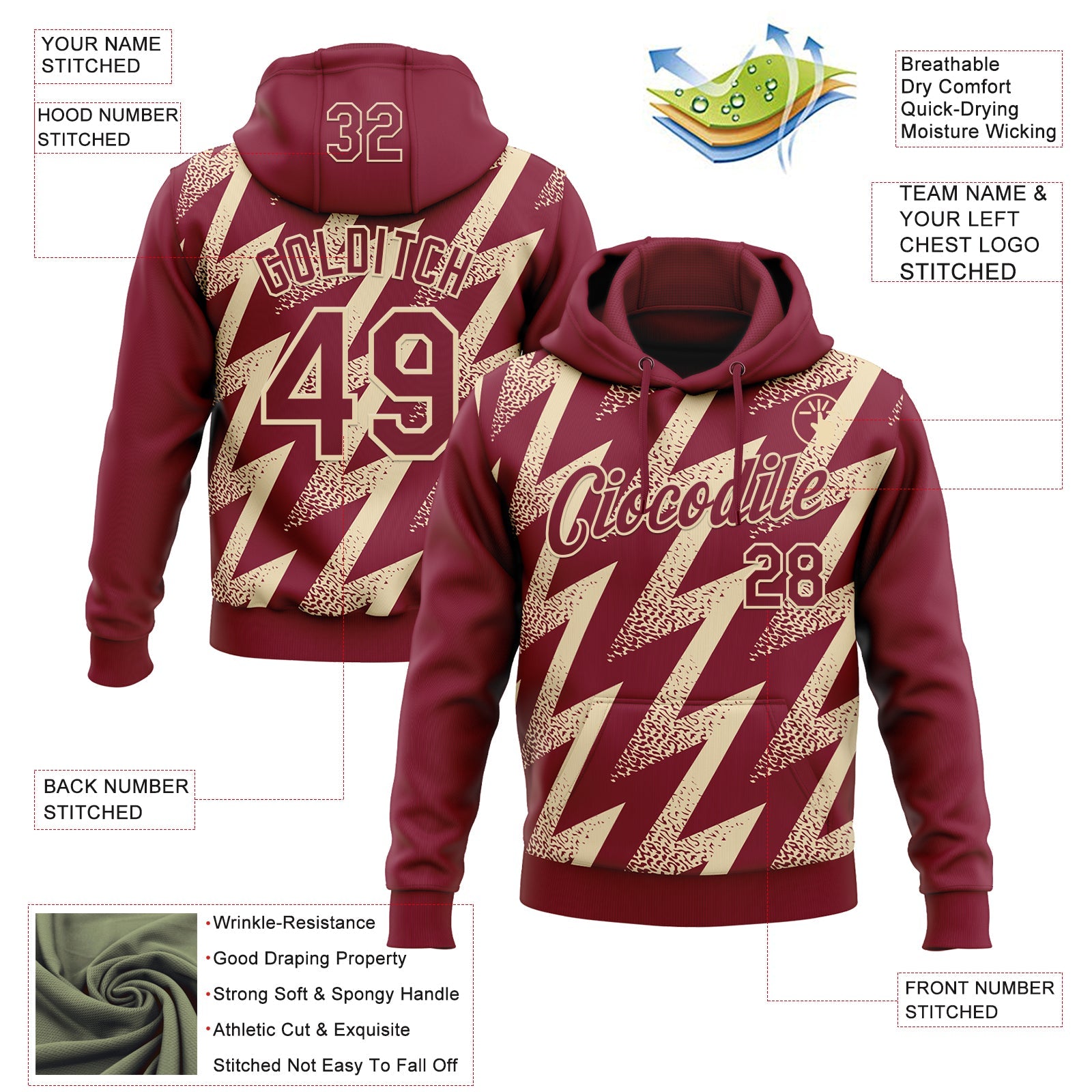 Custom Stitched Crimson Cream Zigzag Shape Sports Pullover Sweatshirt Hoodie view 4