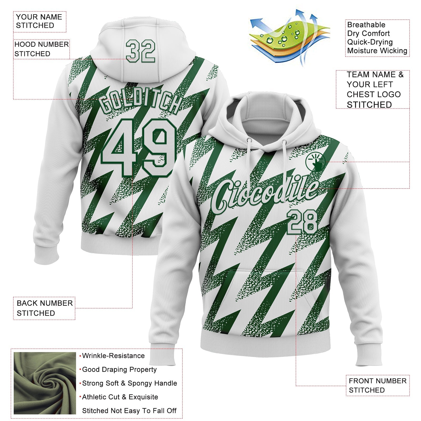 Custom Stitched White Green Zigzag Shape Sports Pullover Sweatshirt Hoodie view 4