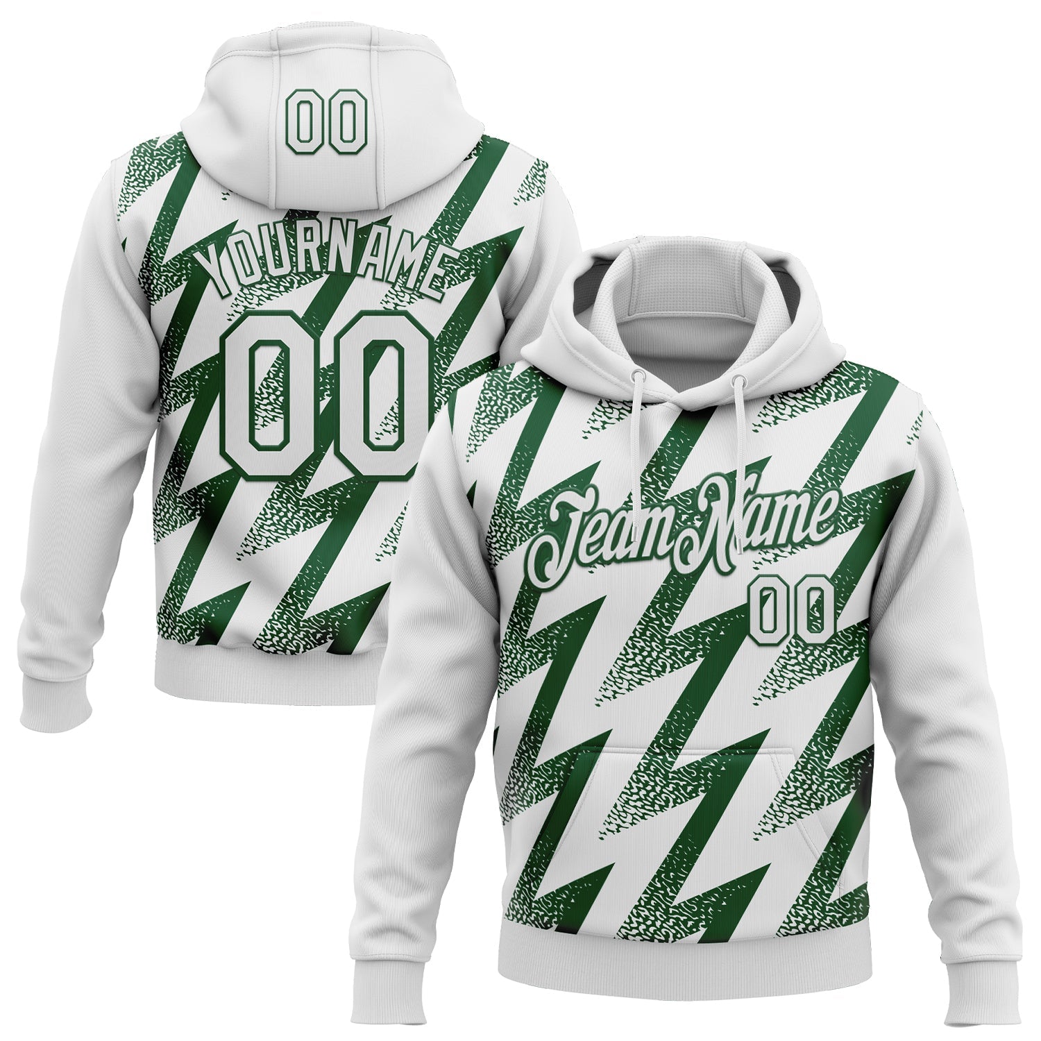 Custom Stitched White Green Zigzag Shape Sports Pullover Sweatshirt Hoodie - Main View