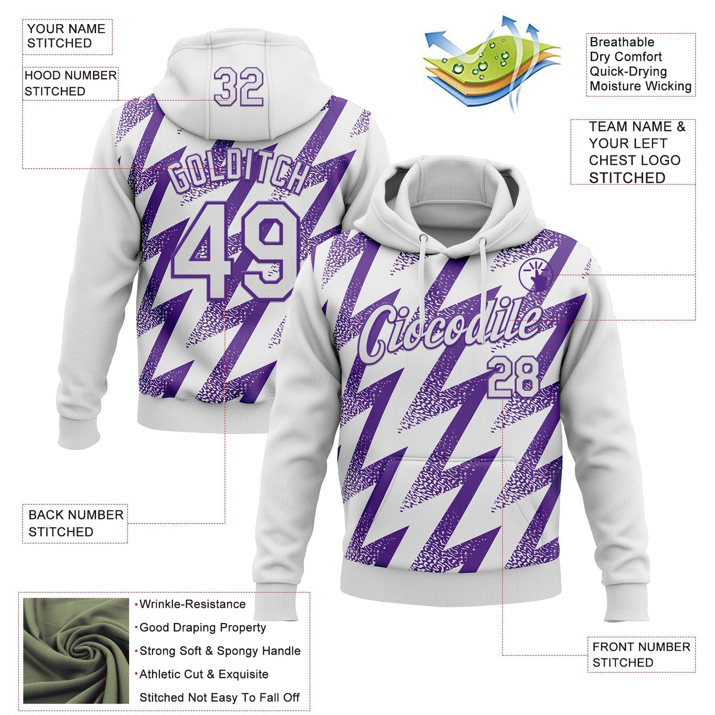 Custom Stitched White Purple Zigzag Shape Sports Pullover Sweatshirt Hoodie view 4
