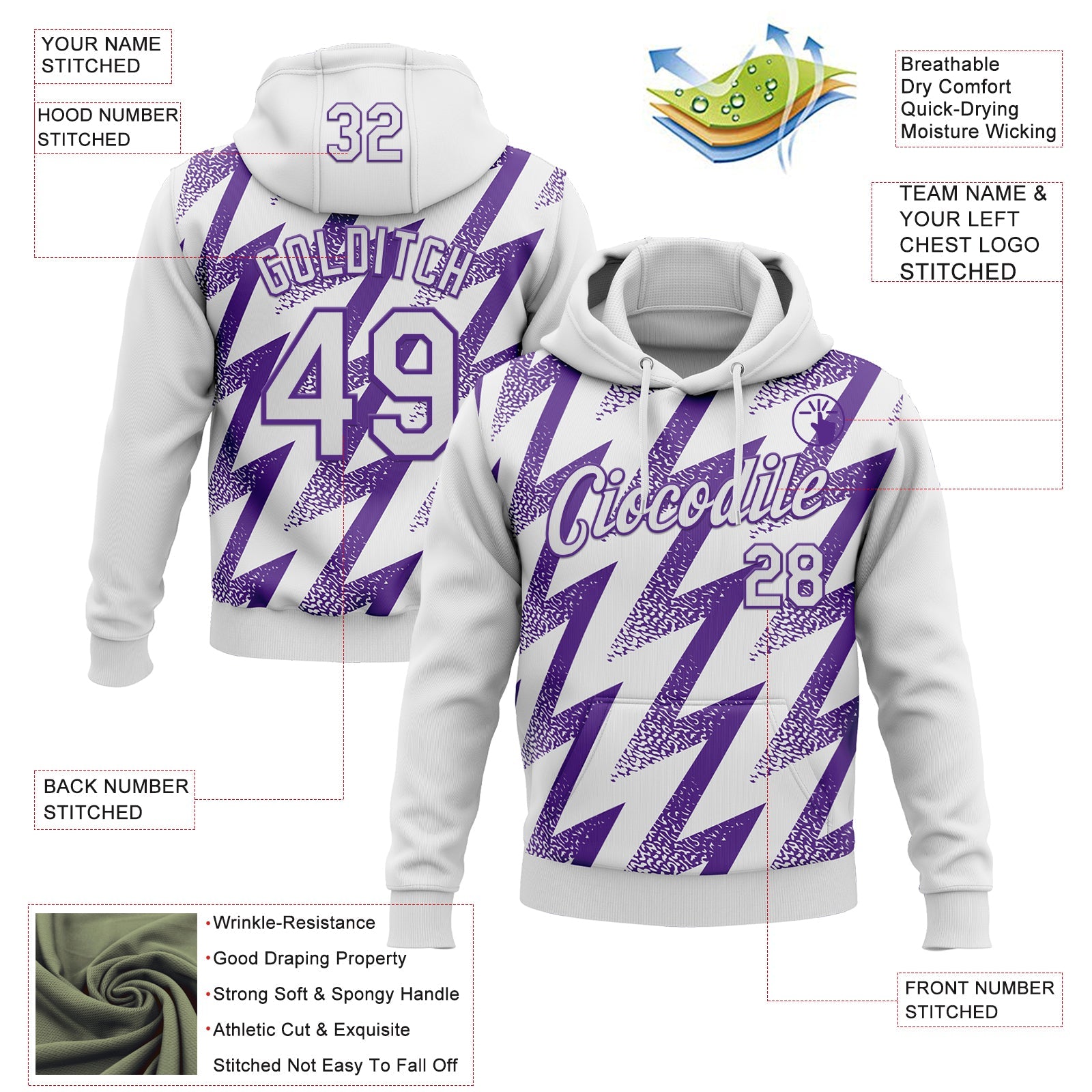 Custom Stitched White Purple Zigzag Shape Sports Pullover Sweatshirt Hoodie view 4