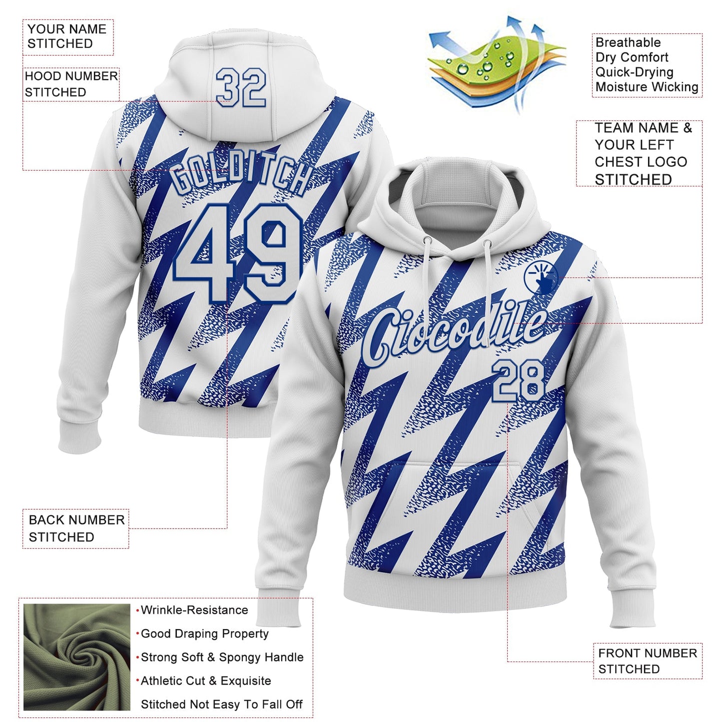 Custom Stitched White Royal Zigzag Shape Sports Pullover Sweatshirt Hoodie view 4