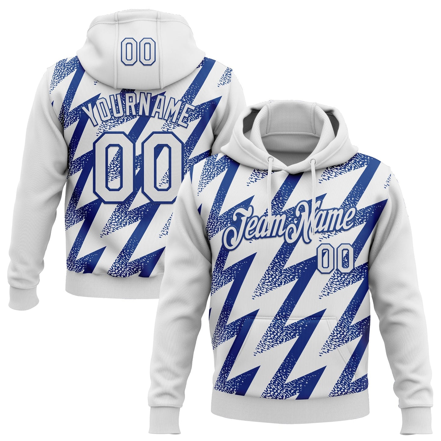Custom Stitched White Royal Zigzag Shape Sports Pullover Sweatshirt Hoodie - Main View
