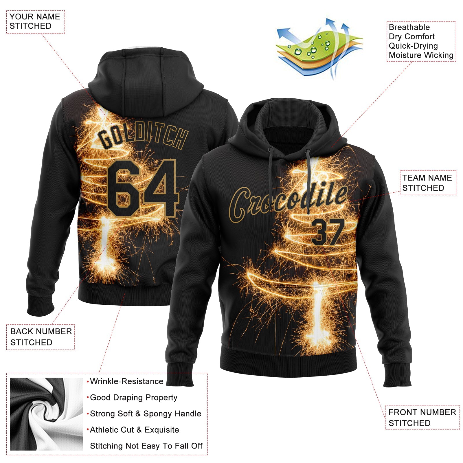 Custom Stitched Black Black Old Gold-Gold 3D Christmas Tree Fireworks Sports Pullover Sweatshirt Hoodie view 2