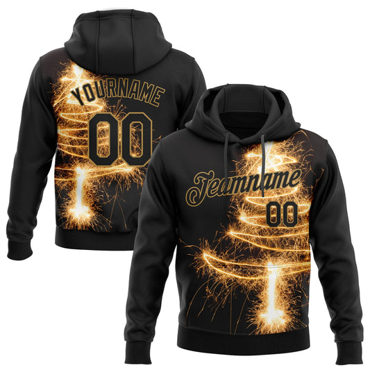 Custom Stitched Black Black Old Gold-Gold 3D Christmas Tree Fireworks Sports Pullover Sweatshirt Hoodie - Main View