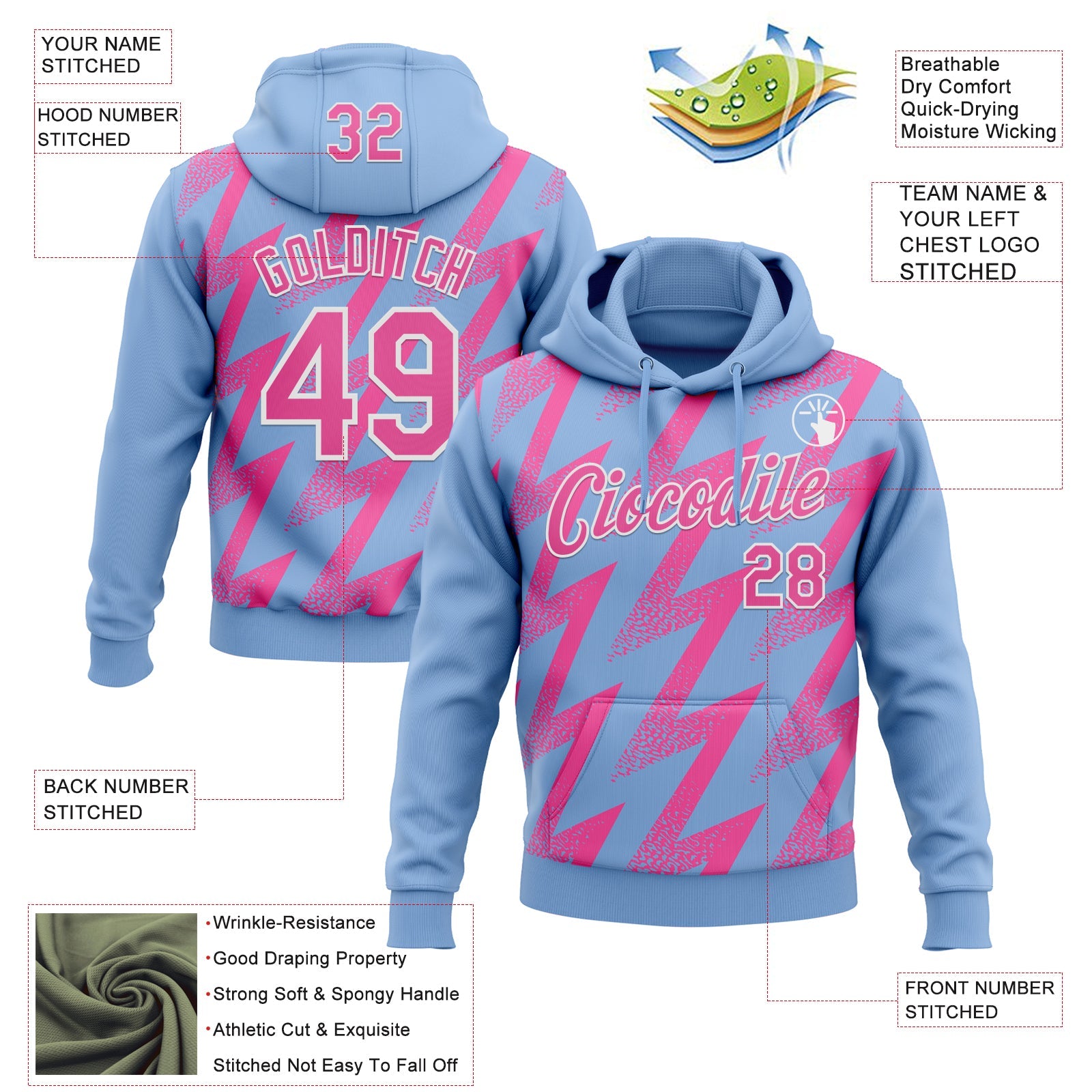 Custom Stitched Light Blue Pink-White Zigzag Shape Sports Pullover Sweatshirt Hoodie view 4