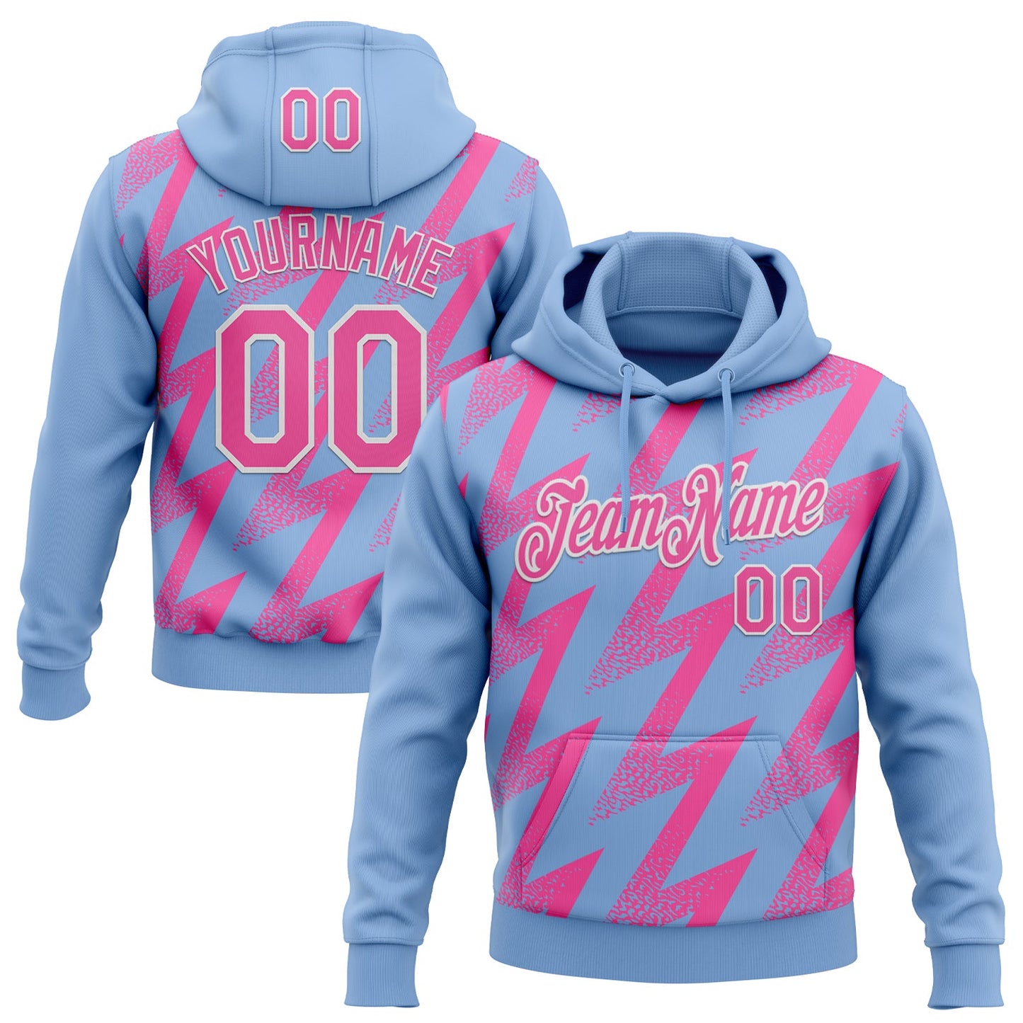 Custom Stitched Light Blue Pink-White Zigzag Shape Sports Pullover Sweatshirt Hoodie - Main View