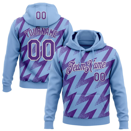 Custom Stitched Light Blue Purple-White Zigzag Shape Sports Pullover Sweatshirt Hoodie - Main View