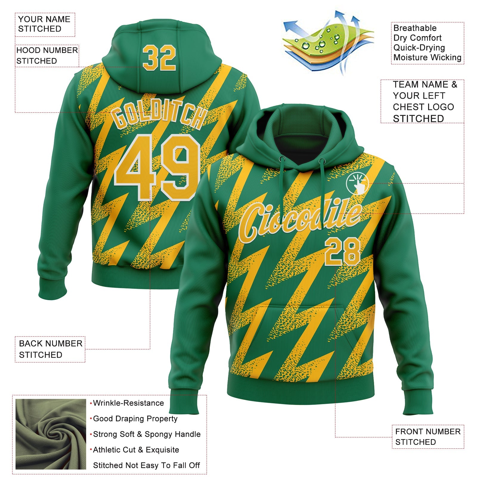 Custom Stitched Kelly Green Gold-White Zigzag Shape Sports Pullover Sweatshirt Hoodie view 4
