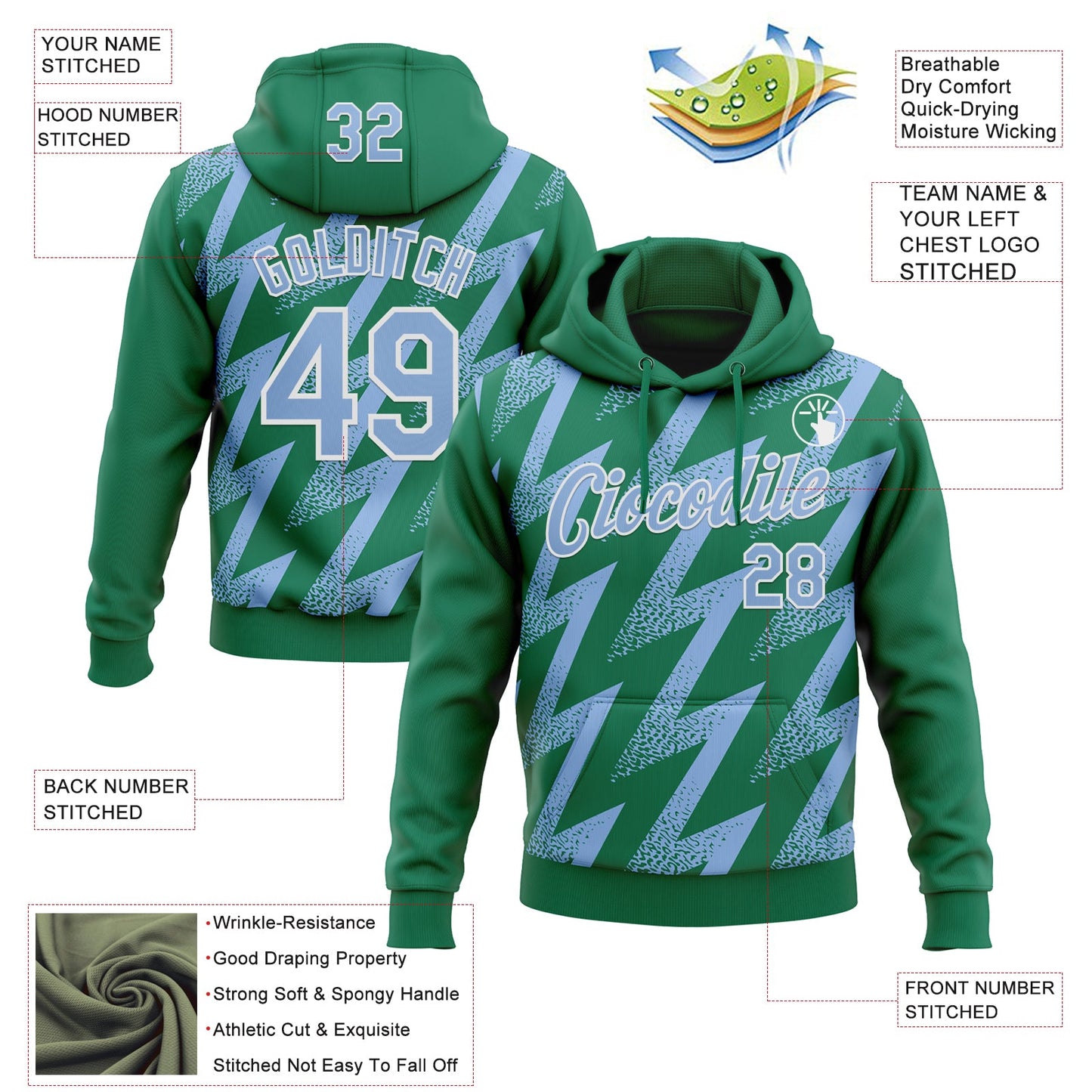 Custom Stitched Kelly Green Light Blue-White Zigzag Shape Sports Pullover Sweatshirt Hoodie view 4