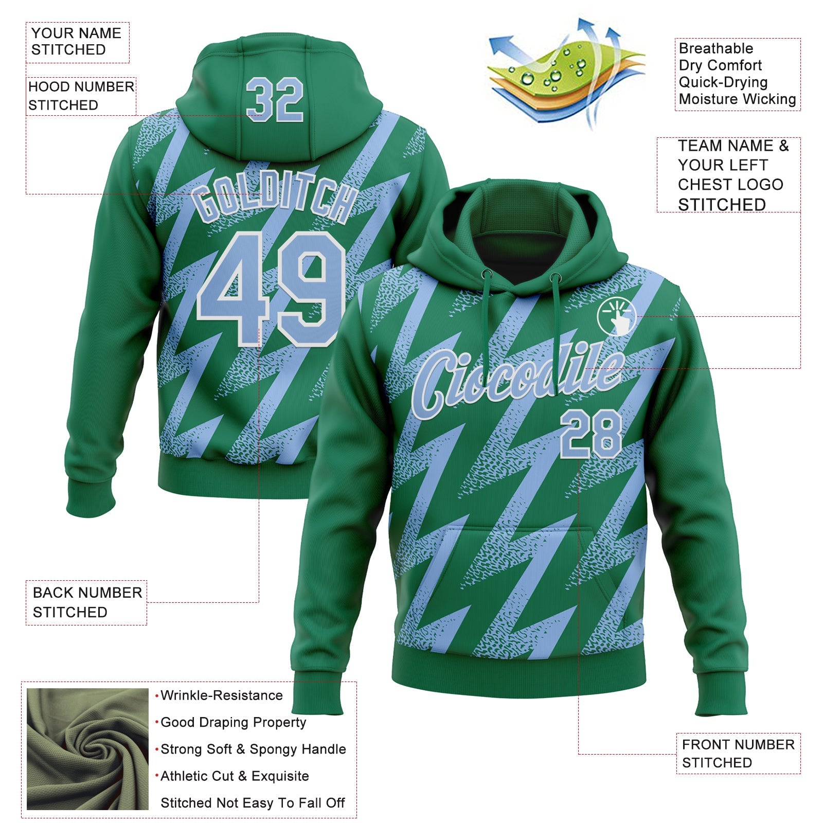 Custom Stitched Kelly Green Light Blue-White Zigzag Shape Sports Pullover Sweatshirt Hoodie view 4