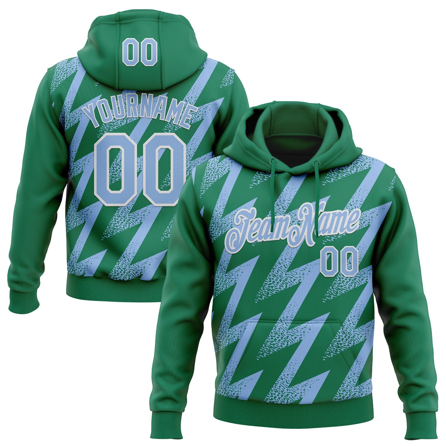 Custom Stitched Kelly Green Light Blue-White Zigzag Shape Sports Pullover Sweatshirt Hoodie - Main View
