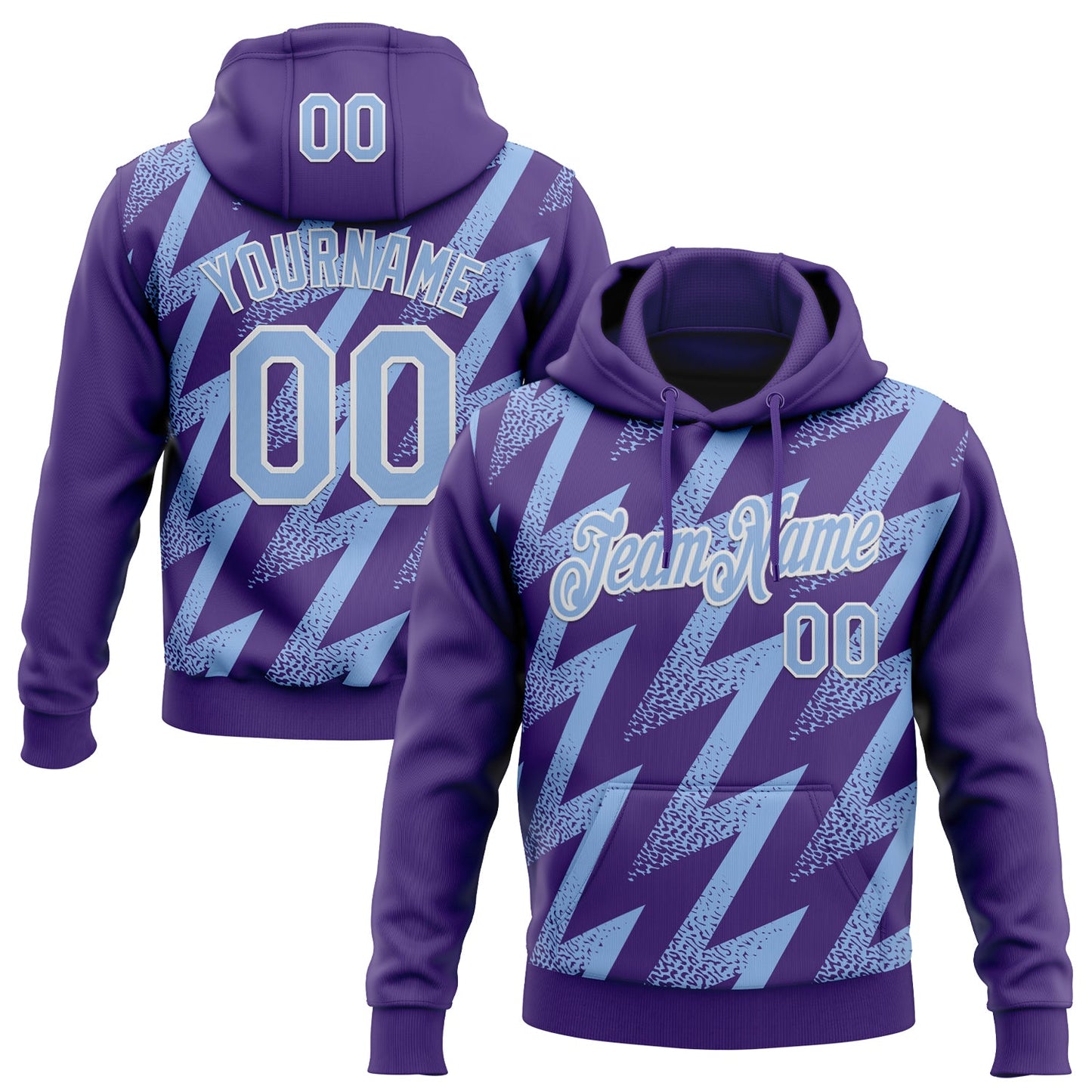 Custom Stitched Purple Light Blue-White Zigzag Shape Sports Pullover Sweatshirt Hoodie - Main View