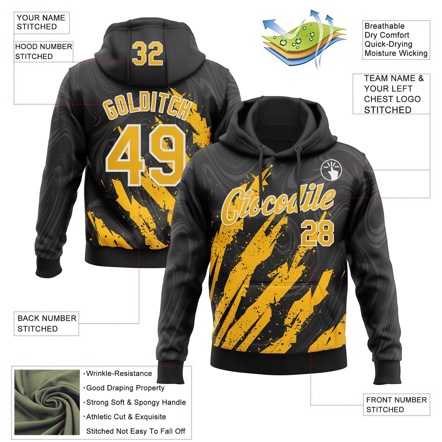Custom Stitched Black Gold-White Splash Sports Pullover Sweatshirt Hoodie view 4