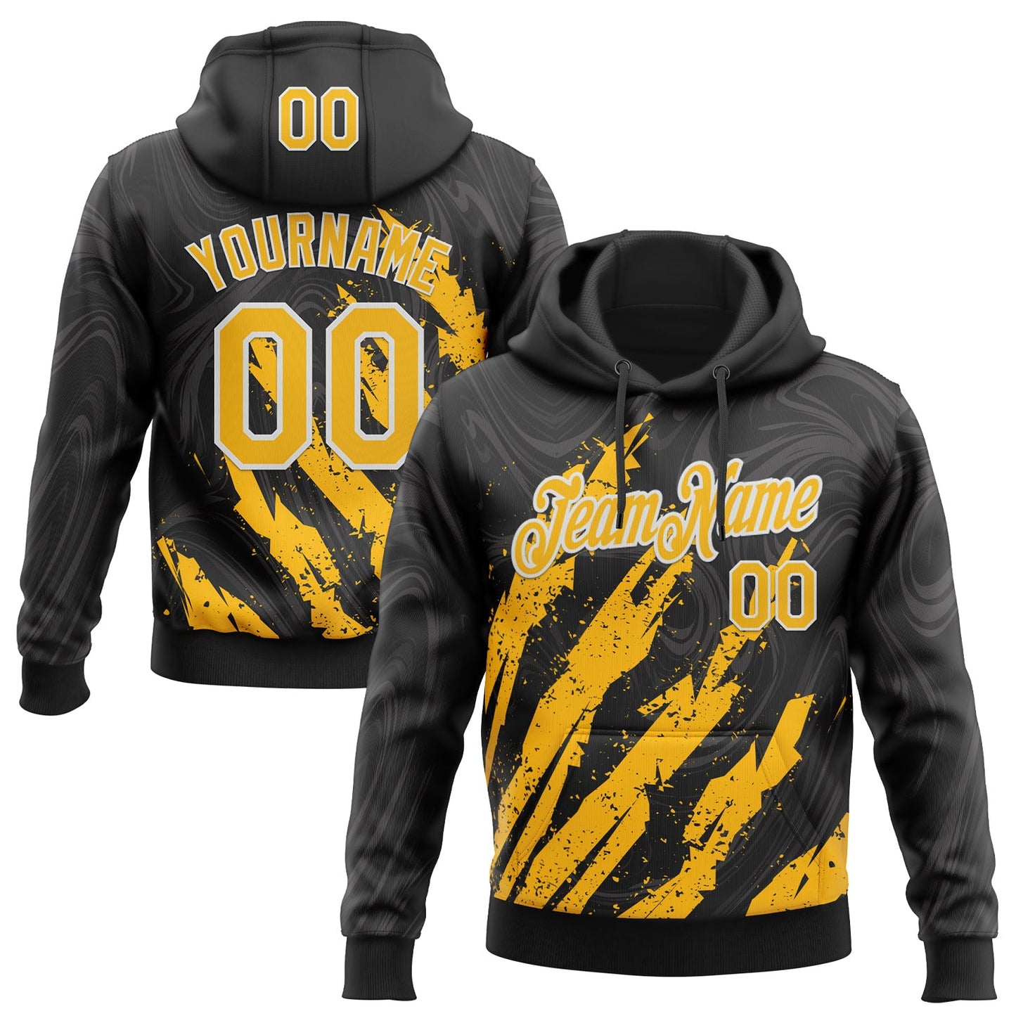 Custom Stitched Black Gold-White Splash Sports Pullover Sweatshirt Hoodie - Main View