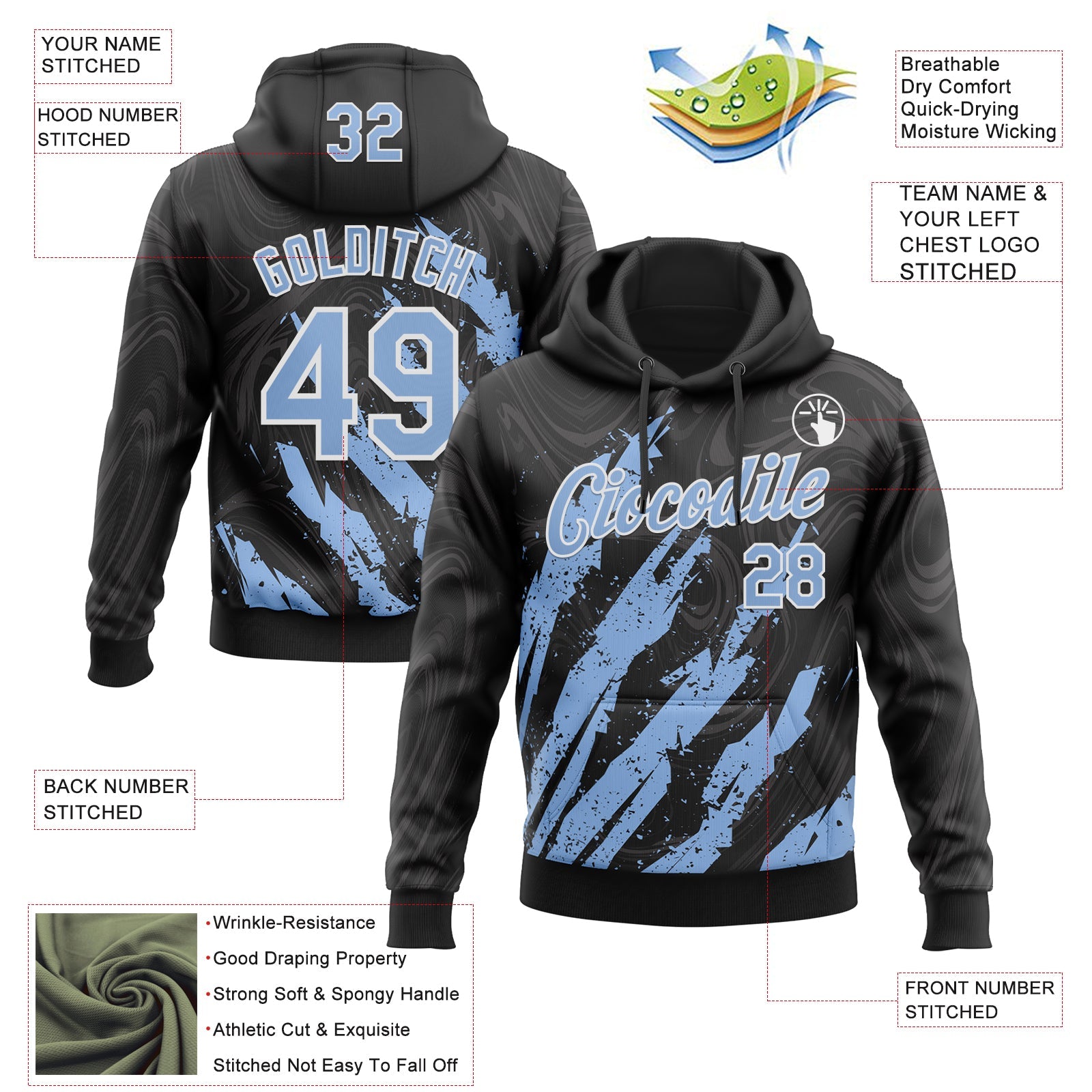 Custom Stitched Black Light Blue-White Splash Sports Pullover Sweatshirt Hoodie view 4