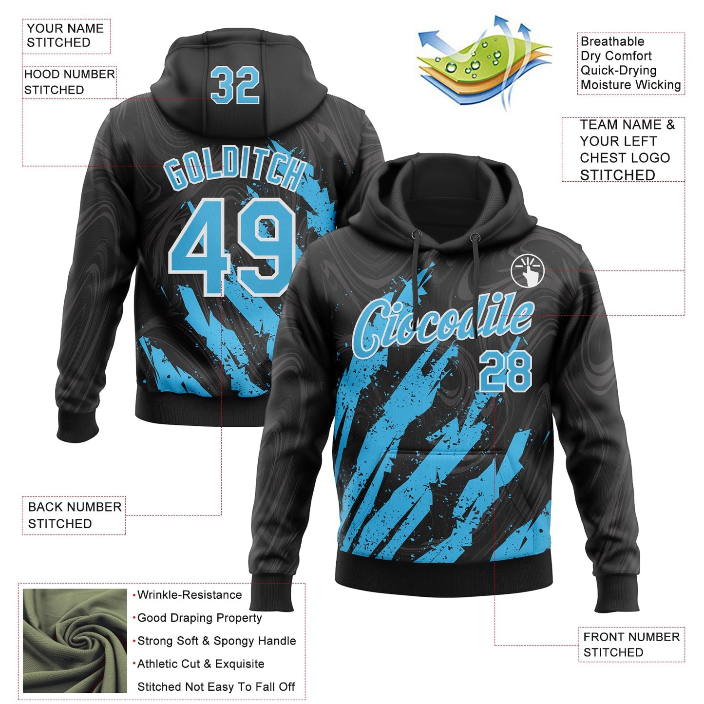 Custom Stitched Black Sky Blue-White Splash Sports Pullover Sweatshirt Hoodie view 4