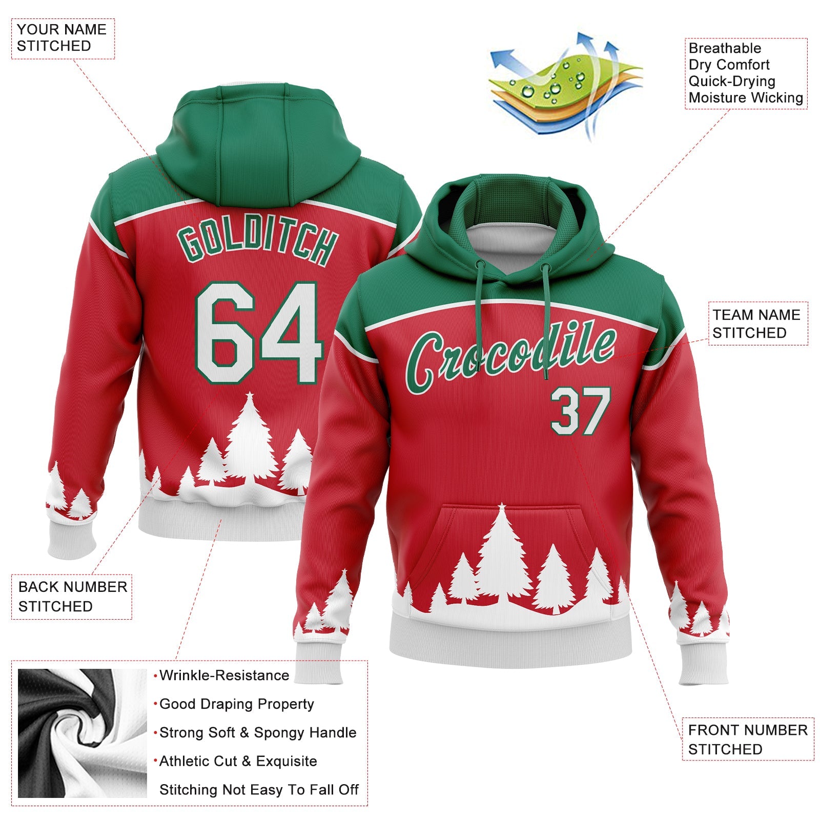 Custom Stitched Red White-Kelly Green 3D Christmas Trees Sports Pullover Sweatshirt Hoodie view 2