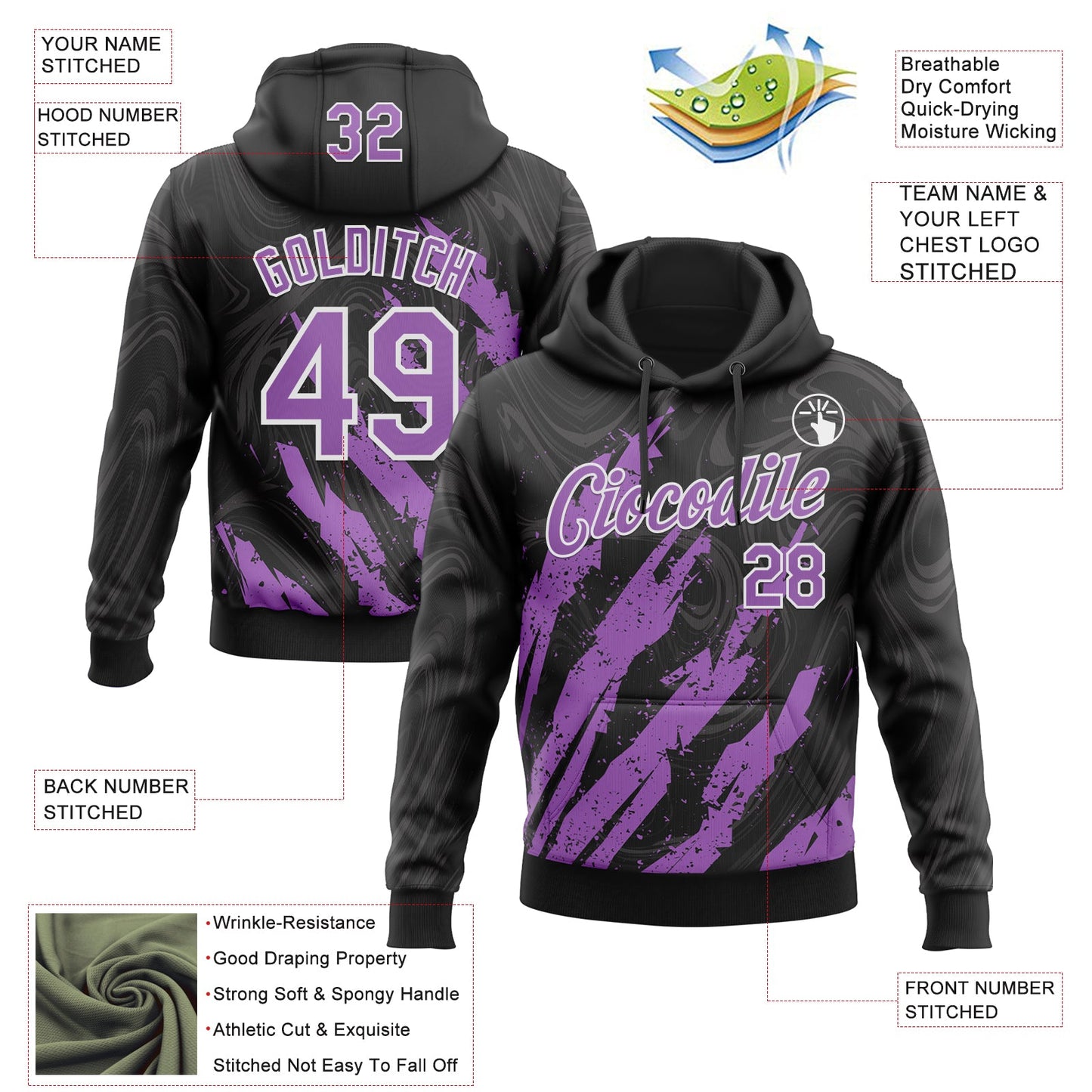 Custom Stitched Black Medium Purple-White Splash Sports Pullover Sweatshirt Hoodie view 4
