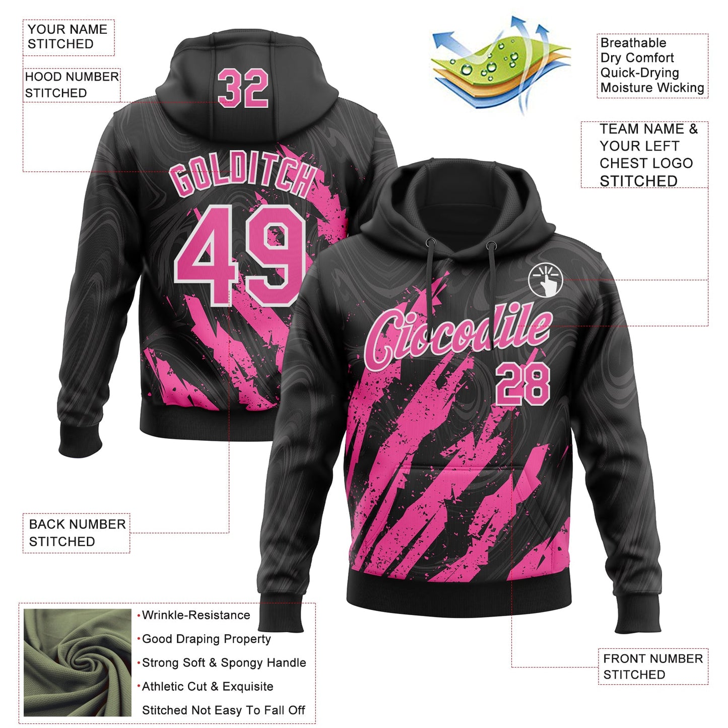 Custom Stitched Black Pink-White Splash Sports Pullover Sweatshirt Hoodie view 4