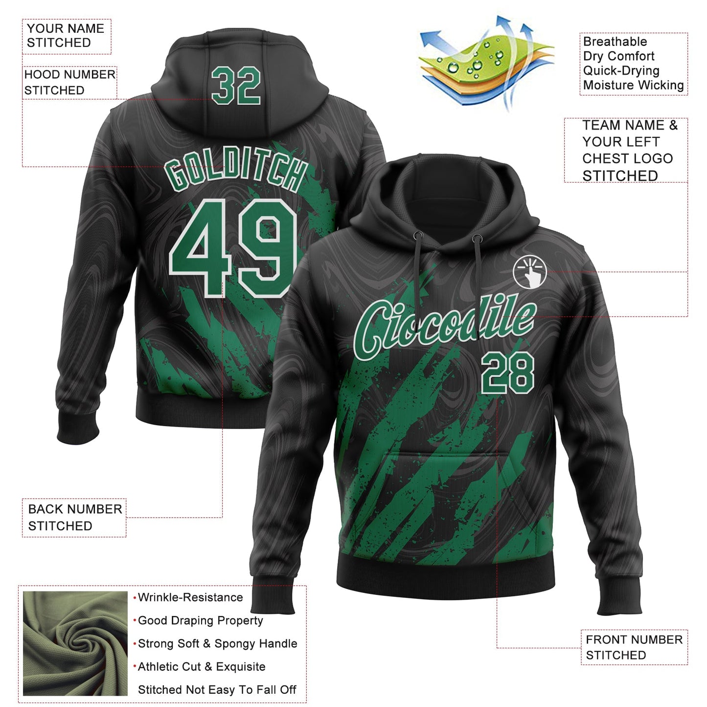 Custom Stitched Black Kelly Green-White Splash Sports Pullover Sweatshirt Hoodie view 4