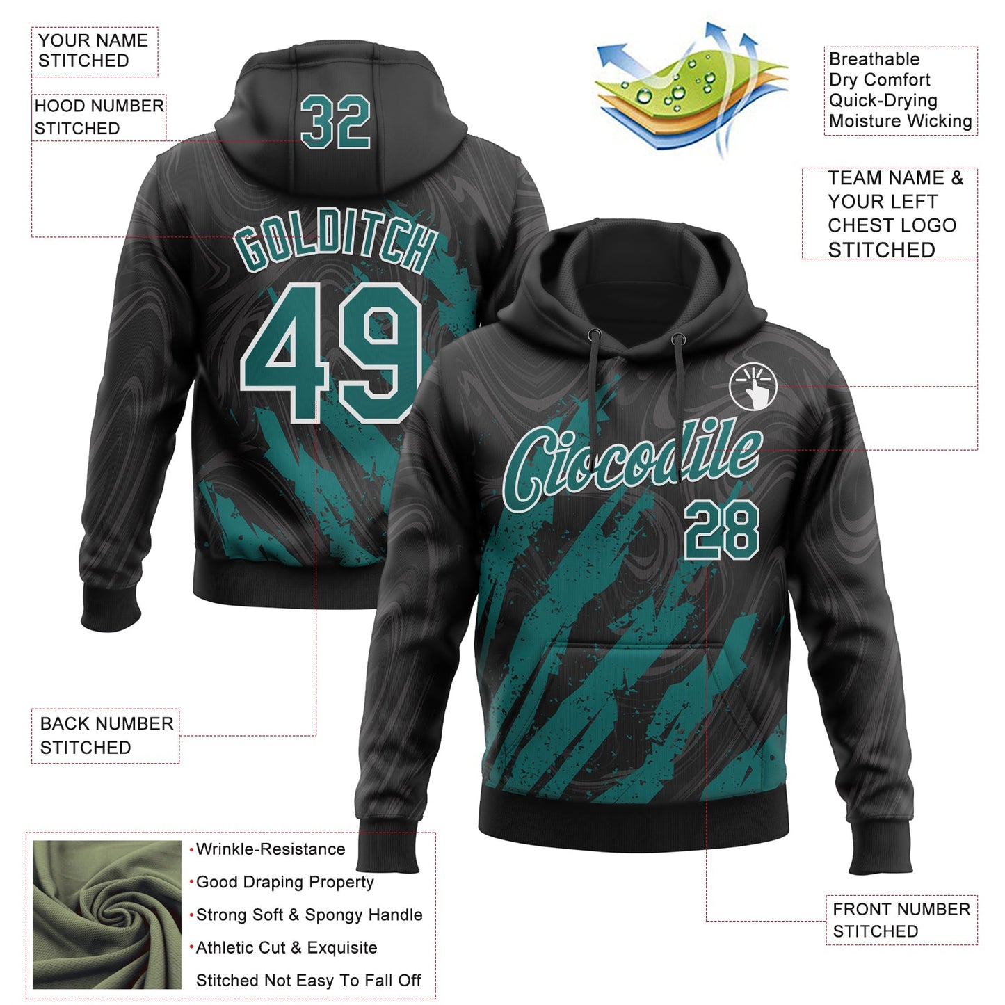 Custom Stitched Black Teal-White Splash Sports Pullover Sweatshirt Hoodie view 4