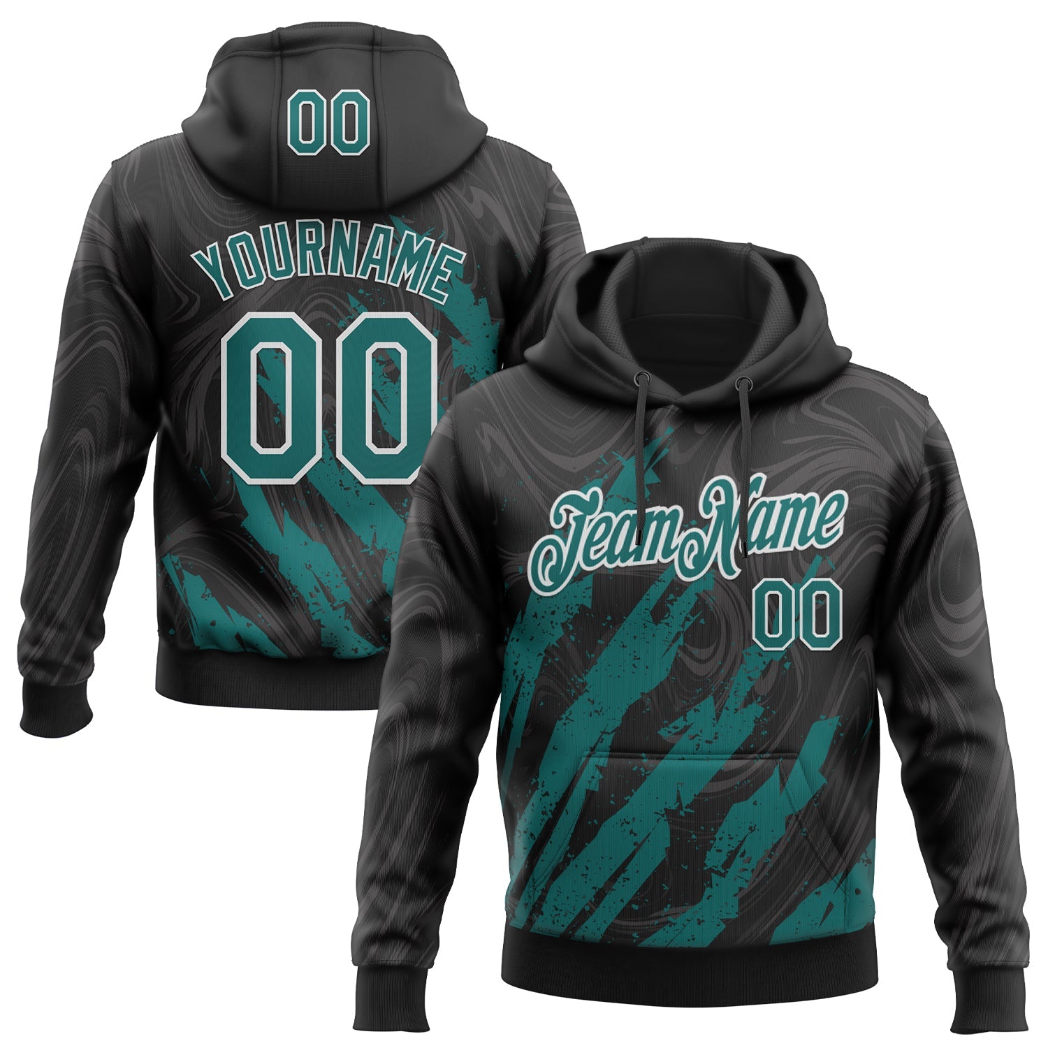 Custom Stitched Black Teal-White Splash Sports Pullover Sweatshirt Hoodie - Main View
