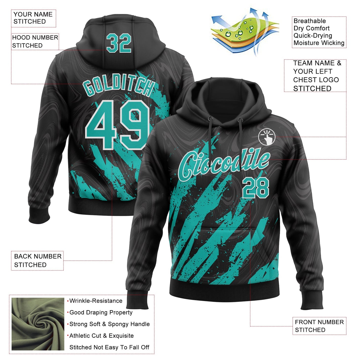Custom Stitched Black Aqua-White Splash Sports Pullover Sweatshirt Hoodie view 4