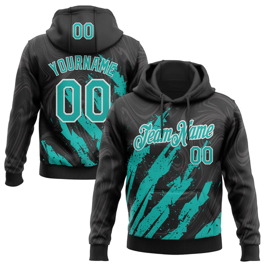 Custom Stitched Black Aqua-White Splash Sports Pullover Sweatshirt Hoodie - Main View