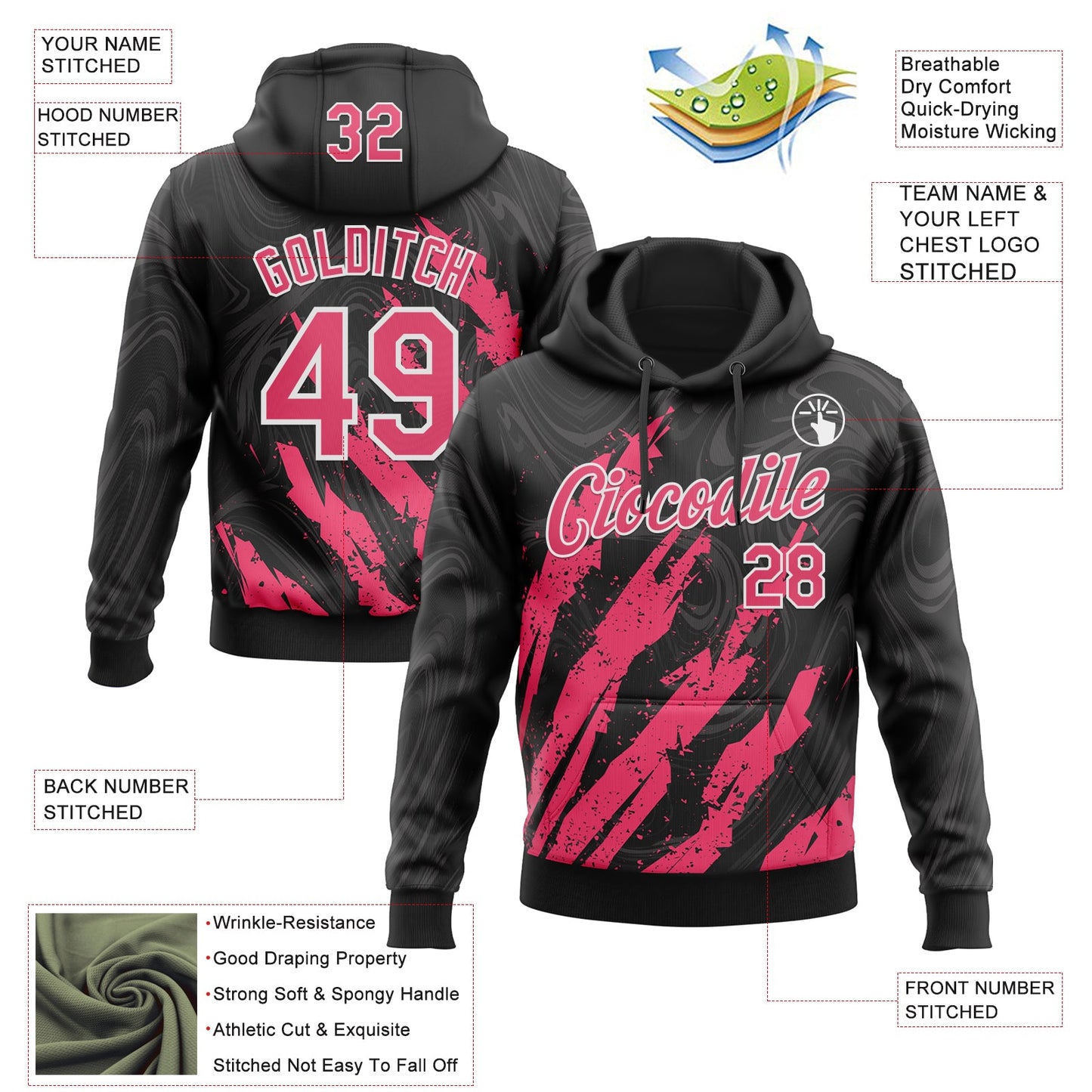 Custom Stitched Black Neon Pink-White Splash Sports Pullover Sweatshirt Hoodie view 4