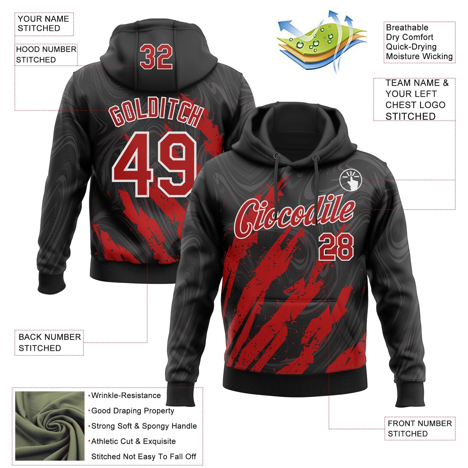 Custom Stitched Black Red-White Splash Sports Pullover Sweatshirt Hoodie view 4