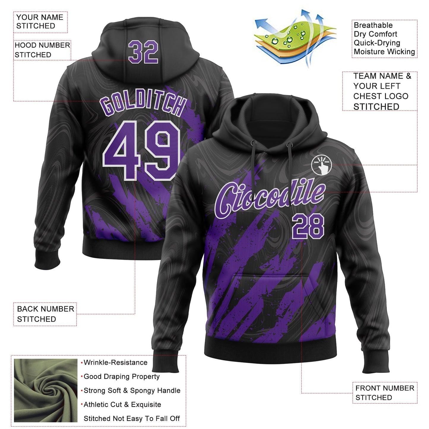 Custom Stitched Black Purple-White Splash Sports Pullover Sweatshirt Hoodie view 4