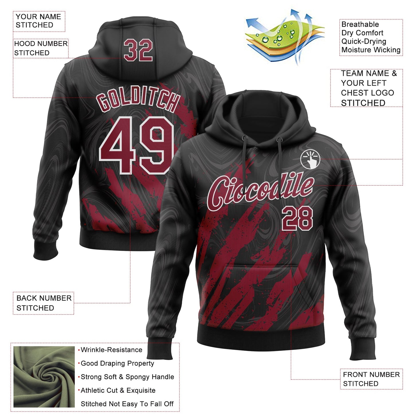 Custom Stitched Black Crimson-White Splash Sports Pullover Sweatshirt Hoodie view 4