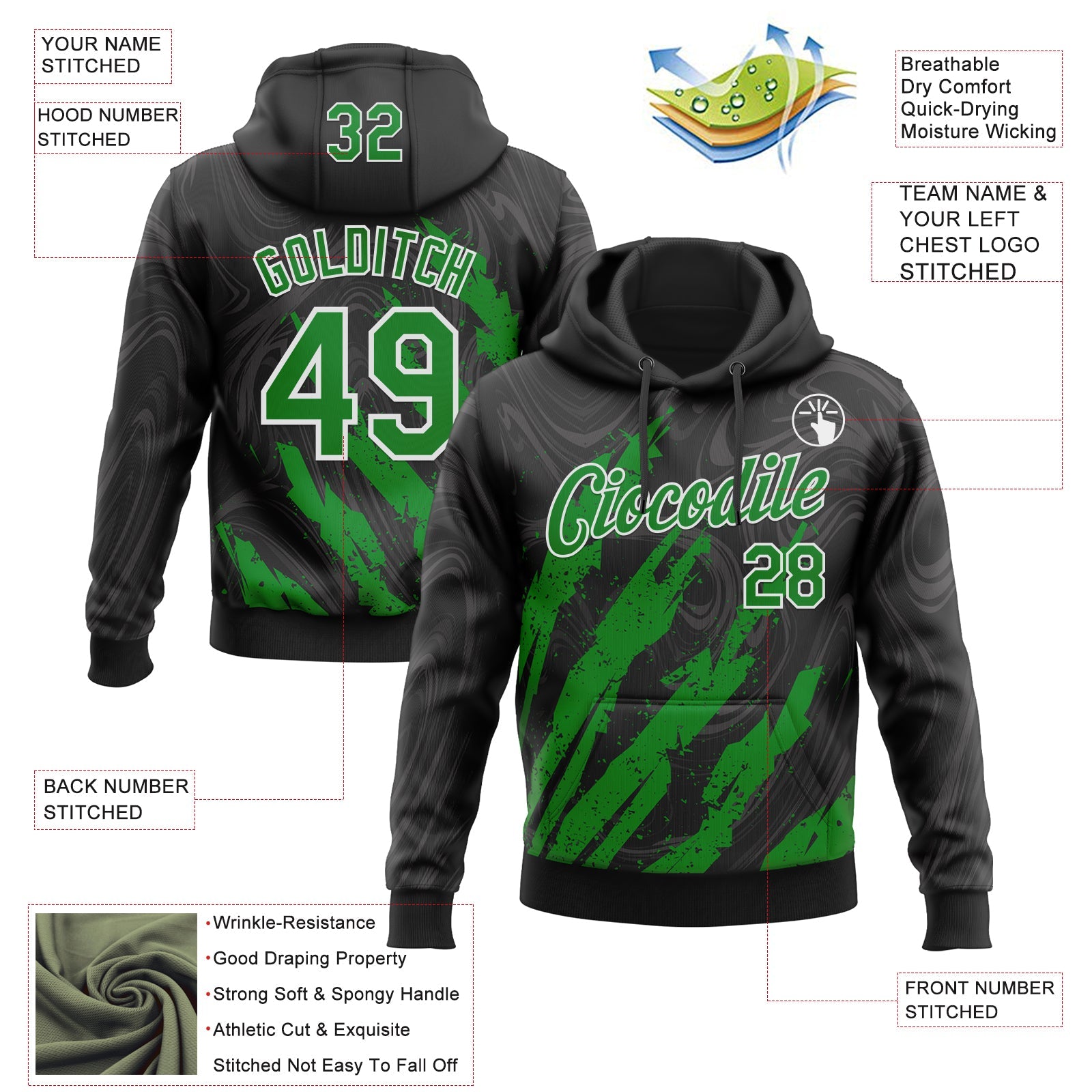 Custom Stitched Black Grass Green-White Splash Sports Pullover Sweatshirt Hoodie view 4