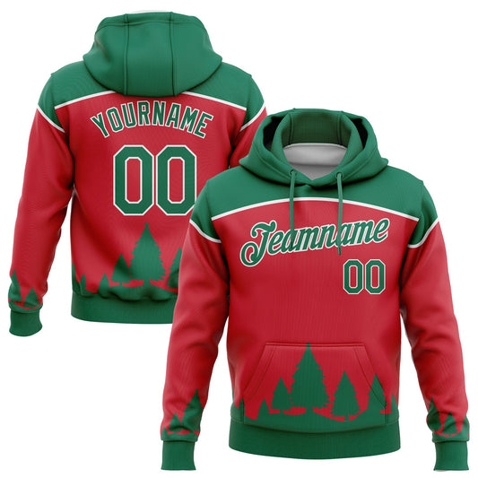 Custom Stitched Red Kelly Green-White 3D Christmas Trees Sports Pullover Sweatshirt Hoodie - Main View