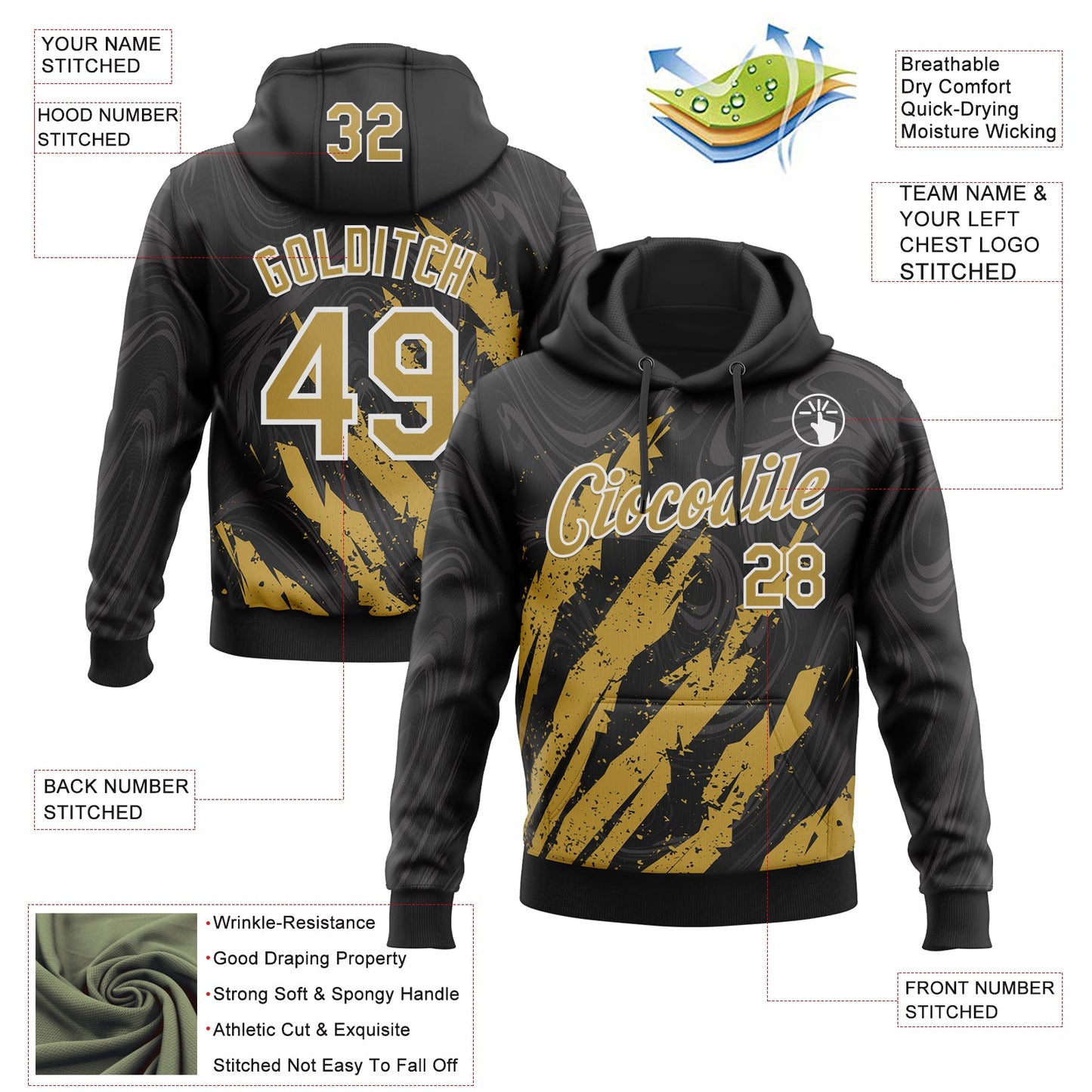 Custom Stitched Black Old Gold-White Splash Sports Pullover Sweatshirt Hoodie view 4