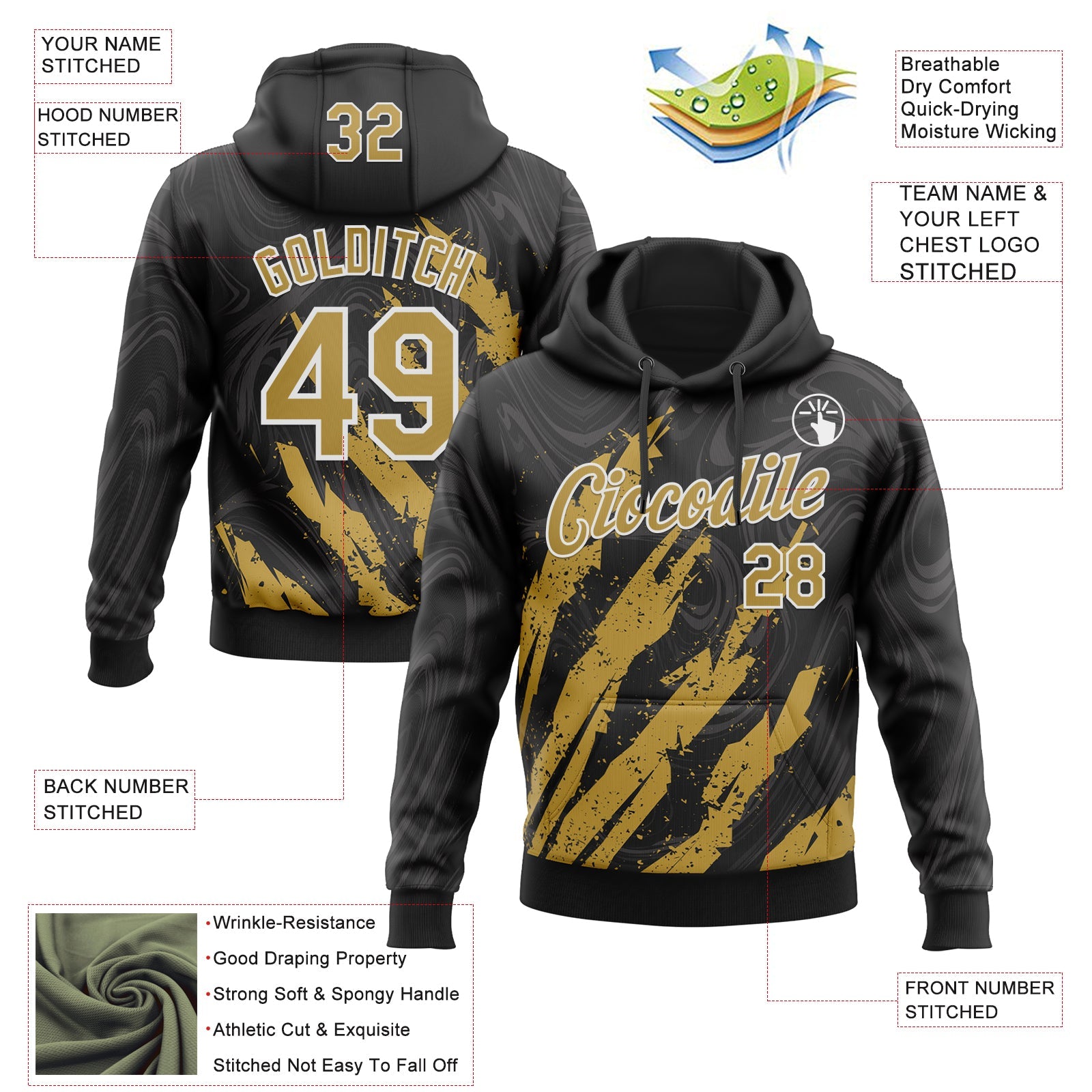 Custom Stitched Black Old Gold-White Splash Sports Pullover Sweatshirt Hoodie view 4