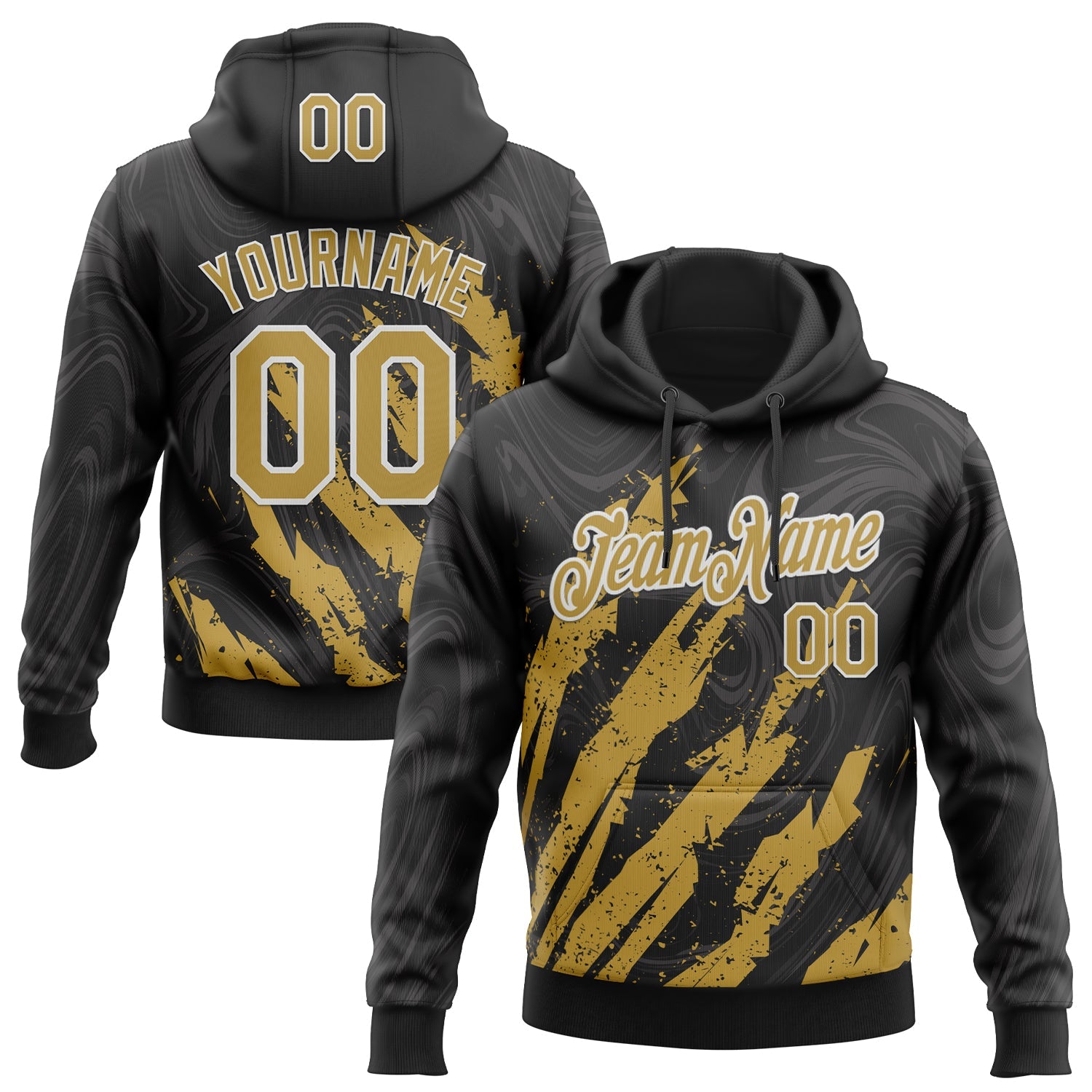 Custom Stitched Black Old Gold-White Splash Sports Pullover Sweatshirt Hoodie - Main View