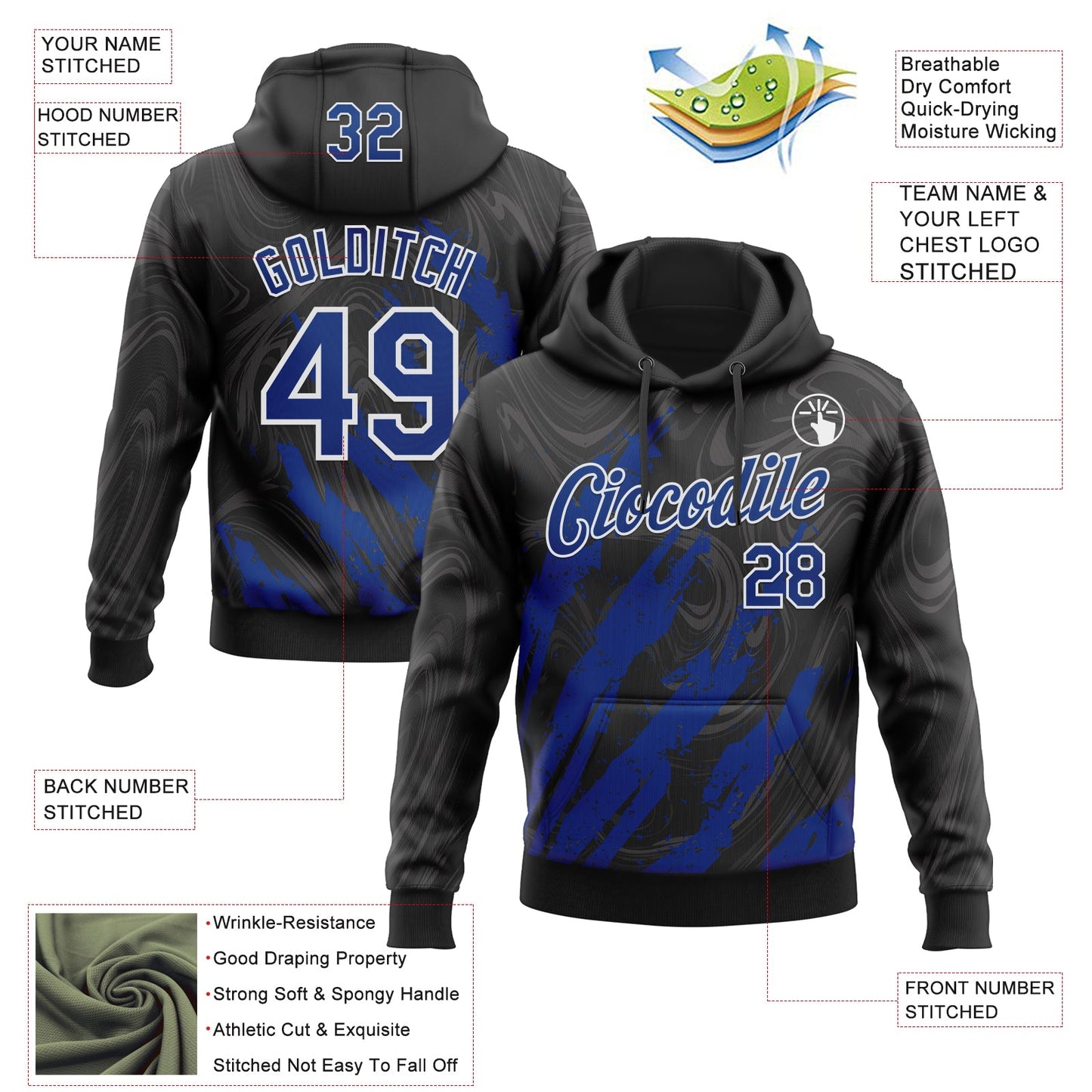 Custom Stitched Black Royal-White Splash Sports Pullover Sweatshirt Hoodie view 4