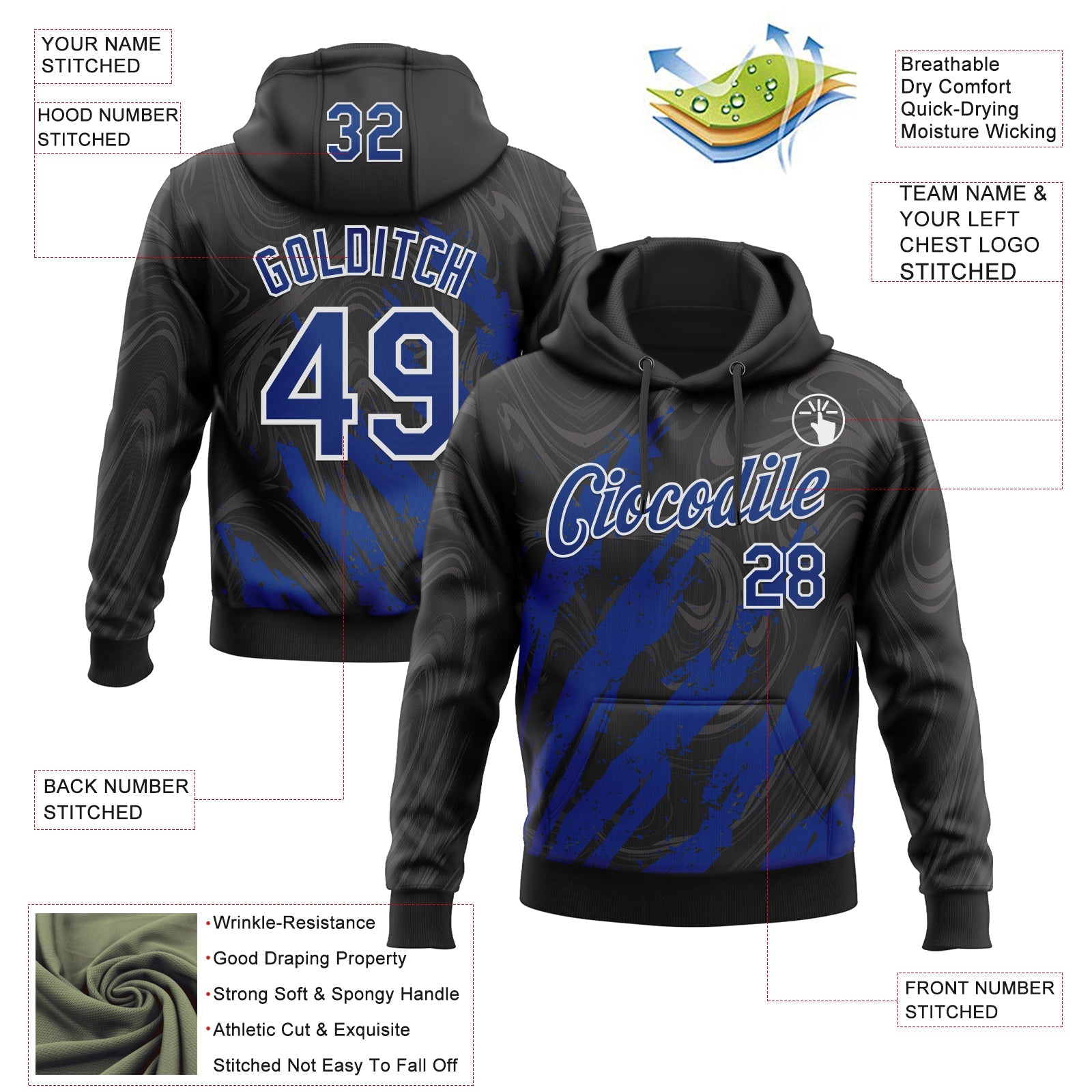 Custom Stitched Black Royal-White Splash Sports Pullover Sweatshirt Hoodie view 4